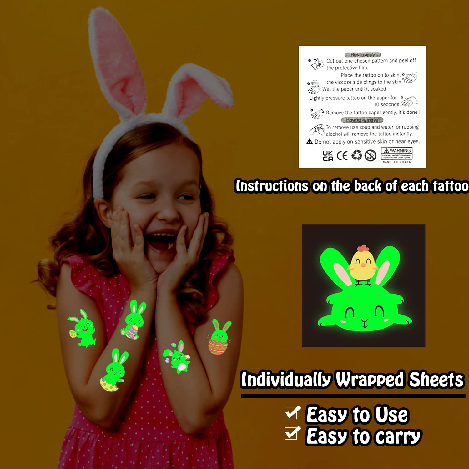 Partywind Glow in the Dark Easter Tattoos - 24 Pack Temporary Tattoos for Kids Easter Basket Fillers, Easter Party Decorations & Easter Egg Hunt Supplies - Perfect for Easter Celebrations, Birthday Parties & Spring Festivals