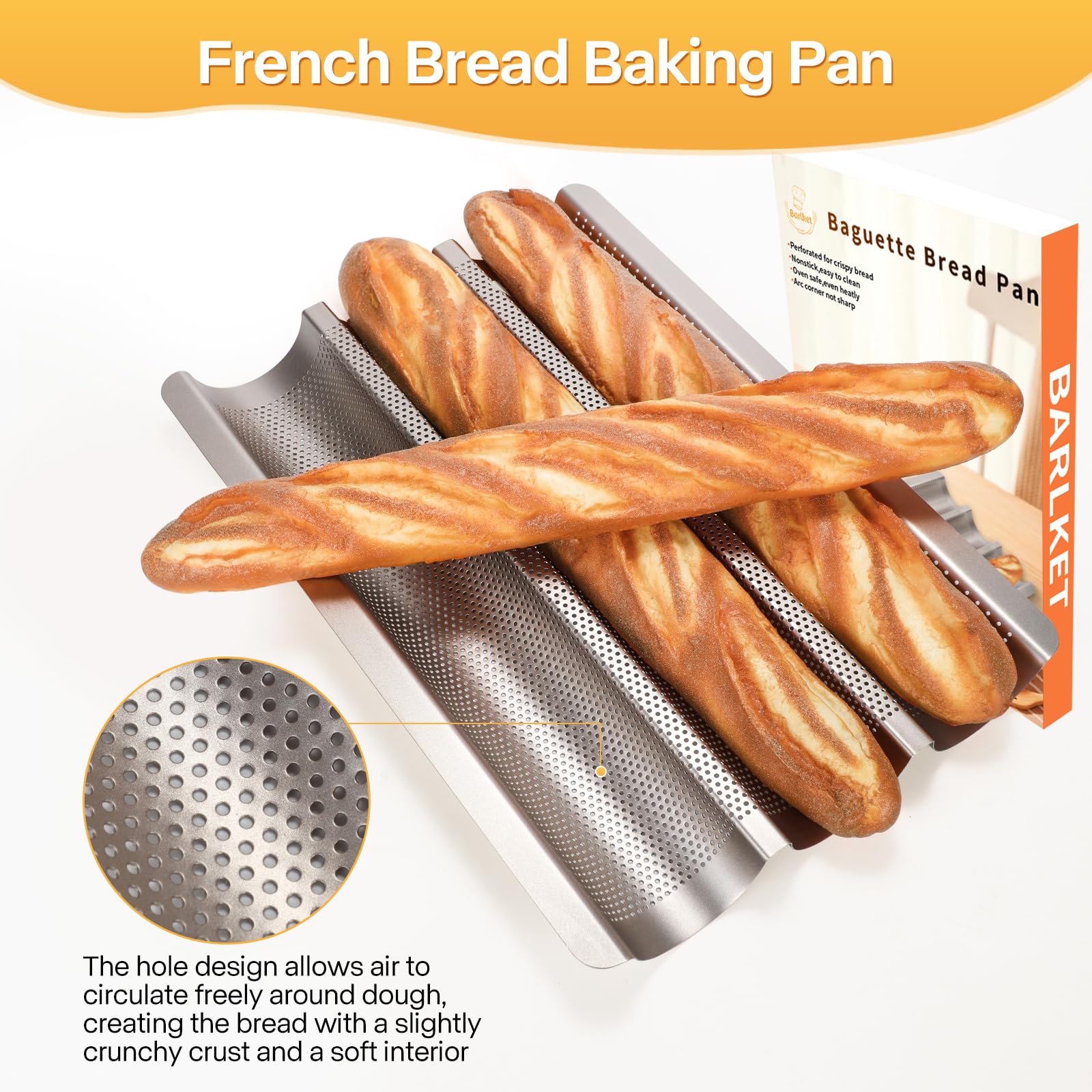 Nonstick Perforated Baguette Bread Pan - 3 Loaf French Bread Baking Tray with Proofing Cloth & Dough Cutter Kit - 15x11 Inch Gold for Home Bakers | Perfect for Artisan Bread, Homemade French Baguettes & Professional Baking