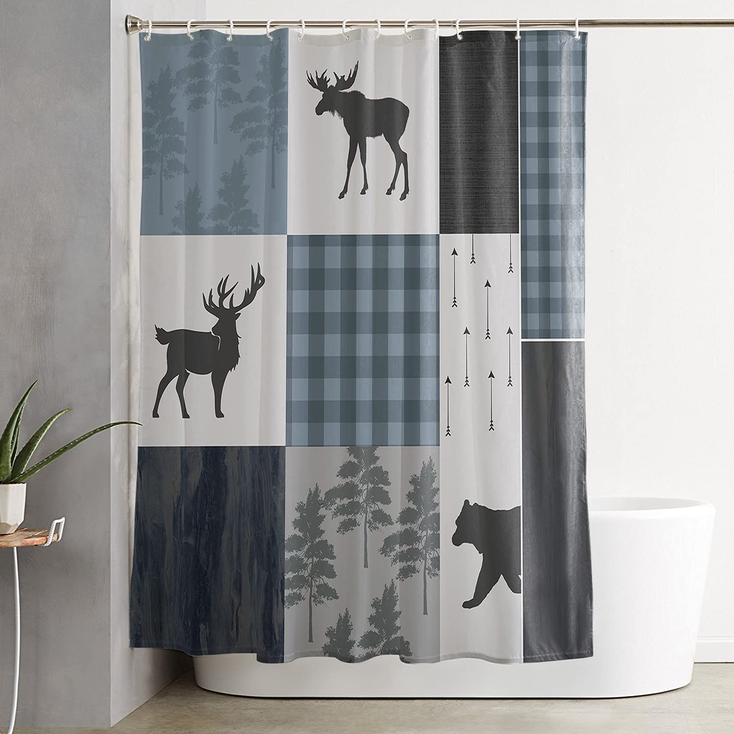 Waterproof Shower Curtain Set with Hooks - 66x72 Inches Washable Bathroom Curtain for Bathtubs & Stalls, Retro Country Style Bear Elk and Woods Pattern - Perfect for Rustic Cabin, Farmhouse, or Nature-Themed Bathroom Decor