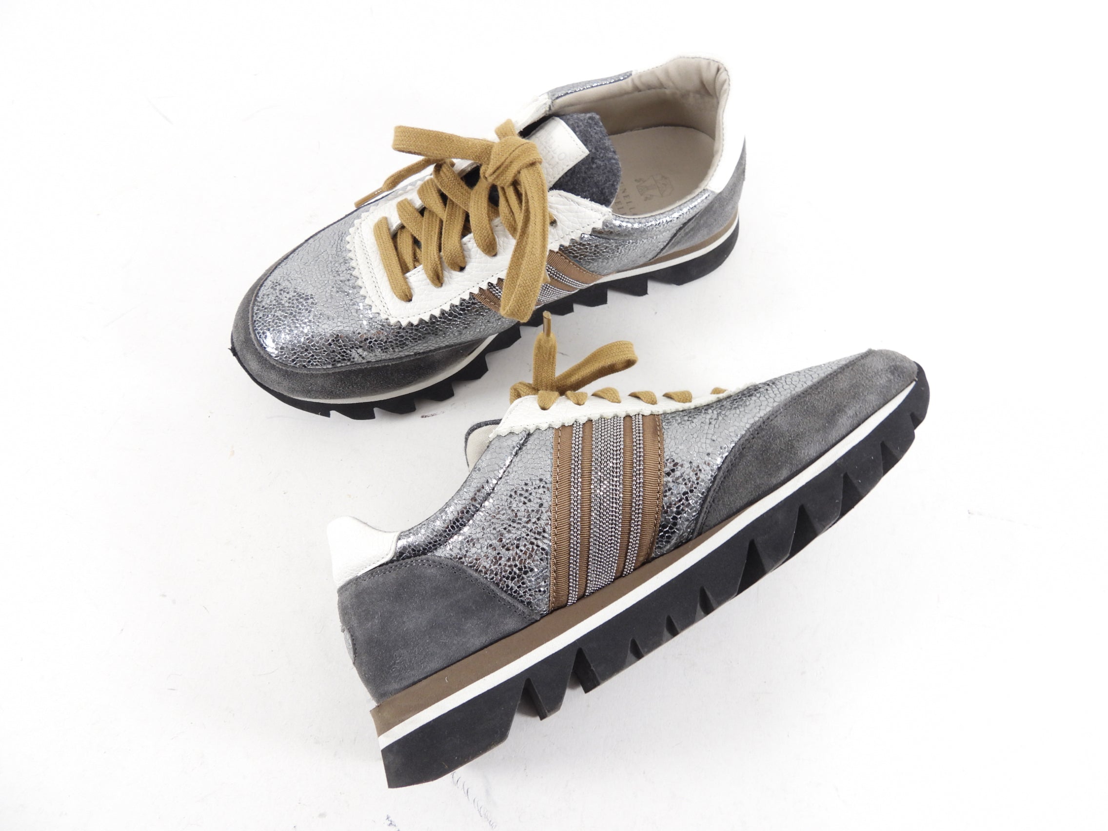 Brunello Cucinelli Pewter Shimmer Monili Sneakers Women's Size 37 | Luxury Italian Leather Fashion Shoes for Casual Wear & Everyday Comfort