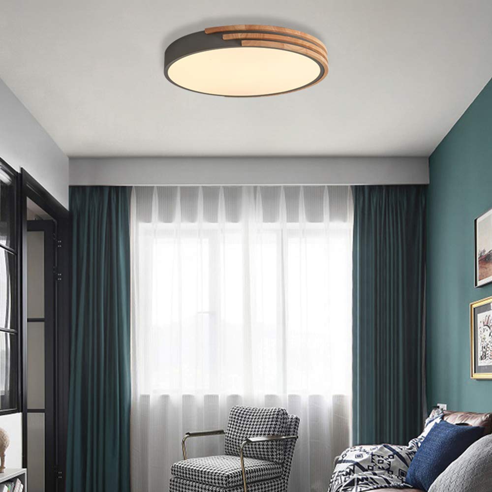 Round LED Flush Mount Ceiling Light - Dimmable Modern Nordic Style with Wooden Accent & Acrylic Shade | Perfect for Living Room, Bedroom, Kitchen & Hallway Lighting