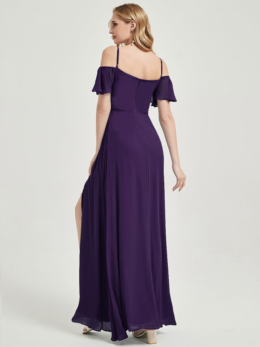 Elegant Dark Purple Short Ruffle Sleeves High Split A-Line Bridesmaid Dress - Perfect for Weddings, Formal Events & Special Occasions