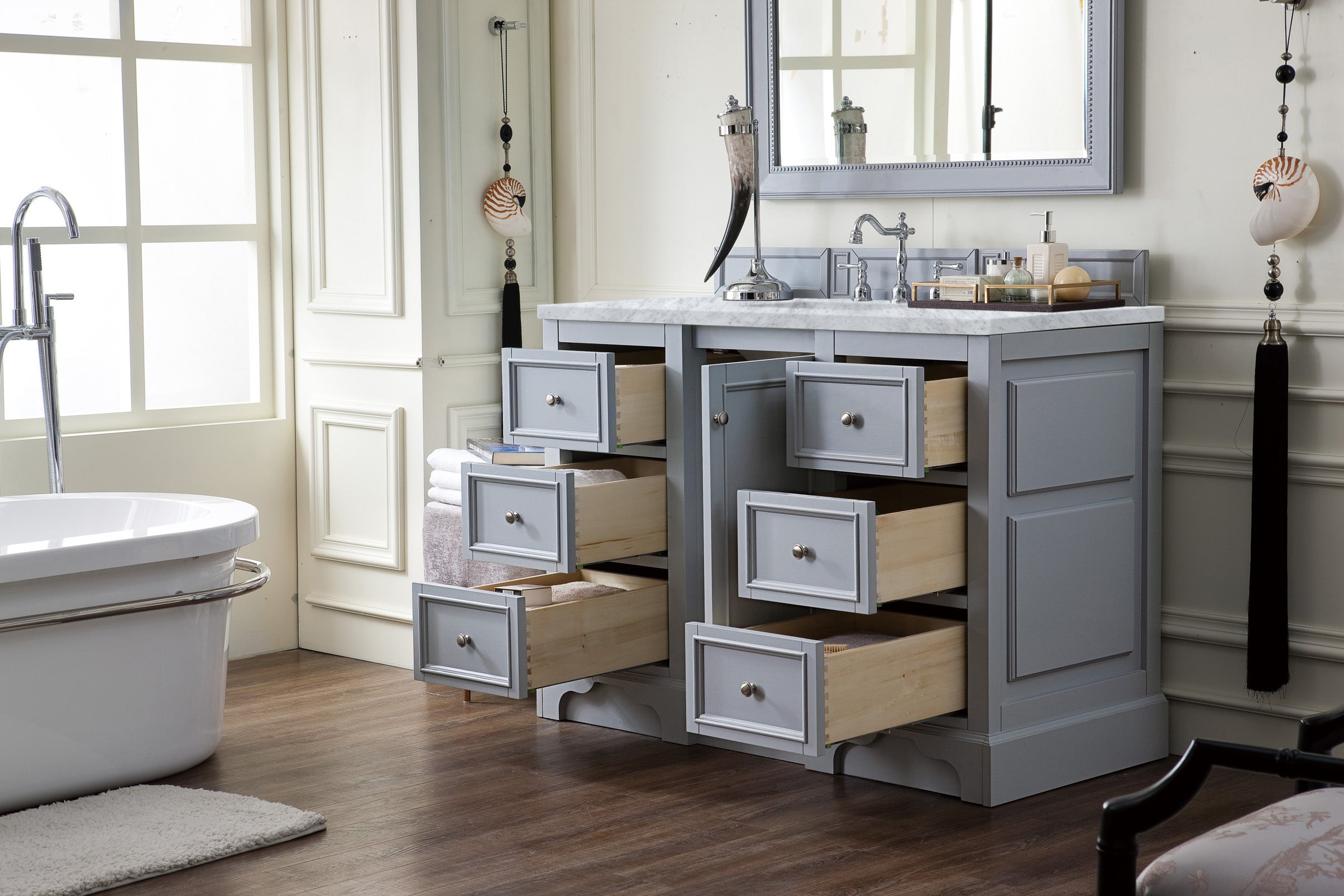 De Soto 48 Inch Single Bathroom Vanity with Carrara Marble Top in Silver Gray - Perfect for Modern Master Bathrooms and Powder Rooms