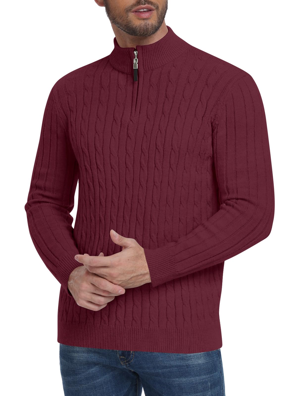 Men's Slim Fit Quarter Zip Sweater - Thick Mock Neck Pullover Casual Polo Sweater for Work, Office & Outdoor Activities