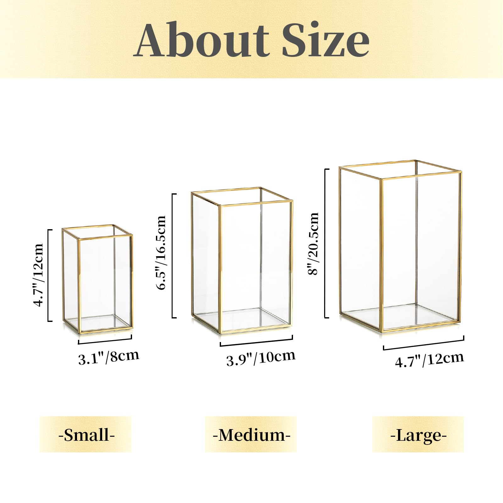 Hewory Glass Hurricane Candle Holder Set of 3 - Gold Metal Frame Square Clear Candle Holders for Wedding, Christmas, Engagement, Birthday Party Decor - Perfect for Table Centerpieces, Home Decor, and Romantic Ambiance