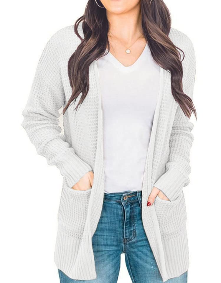 IWOLLENCE Women's Lightweight Waffle Knit Open Front Cardigan Sweater with Pockets - Long Sleeve Soft Casual Cover-Up for Fall, Winter & Spring Layering