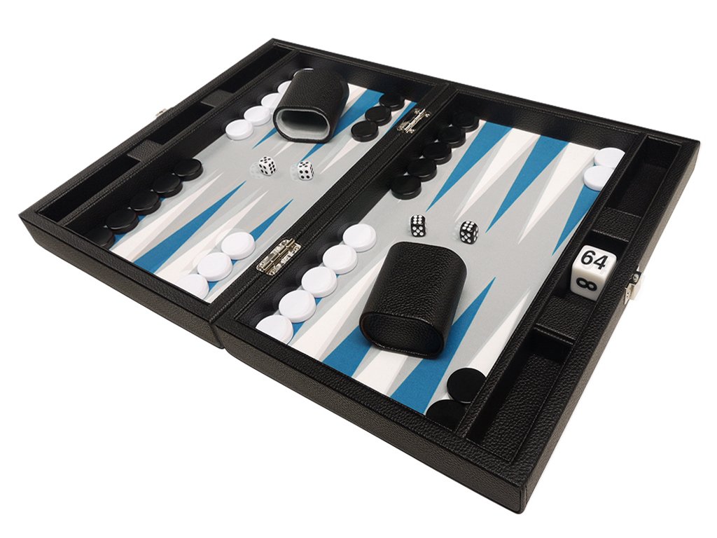 Premium 13-inch Travel Backgammon Set with Black Board & White/Astral Blue Points - Portable Game for Camping, Beach & Family Game Nights