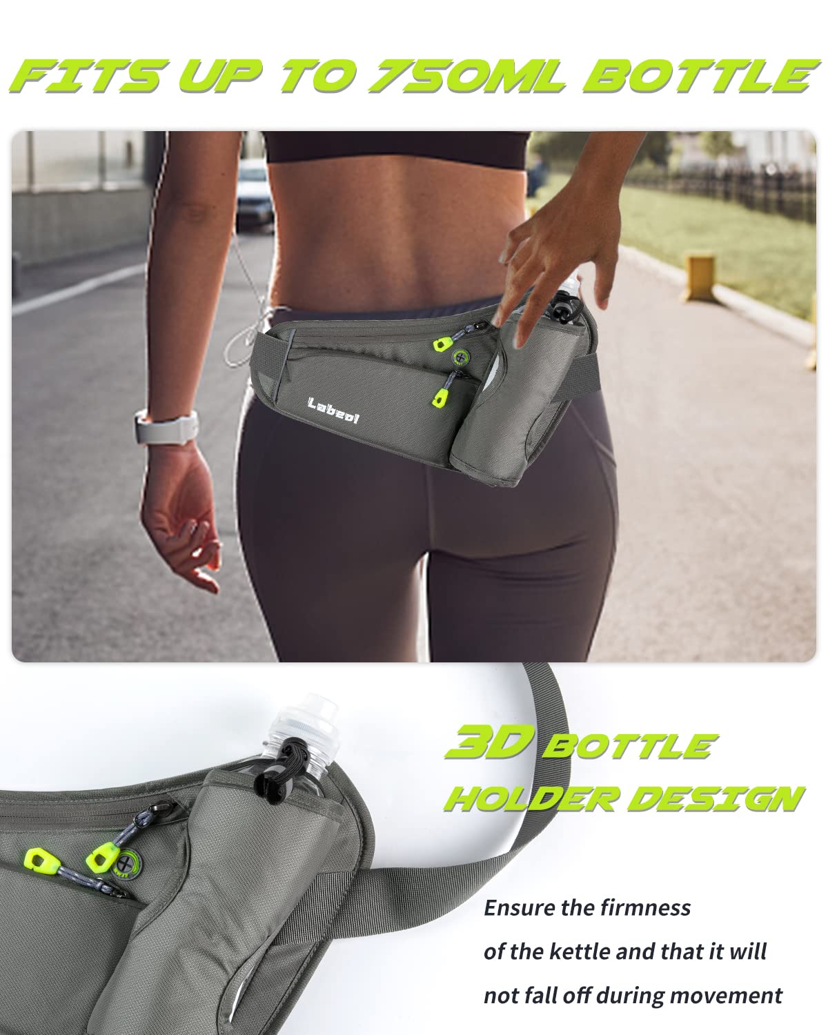 Labeol Adjustable Running Belt with Water Bottles - 2 Zipper Pockets Hydration Waist Pack for Men & Women - Lightweight Fanny Pack for Hiking, Climbing, Jogging & Outdoor Activities (Gray)