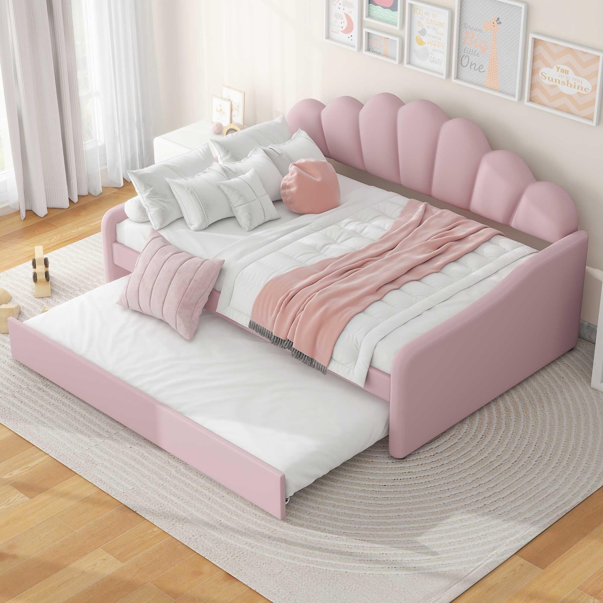 P PURLOVE Velvet Upholstered Daybed with Trundle - Pink Tufted Sofa Bed with Shell Shaped Backrest, No Box Spring Needed, Perfect for Guest Room, Small Space & Apartment Living
