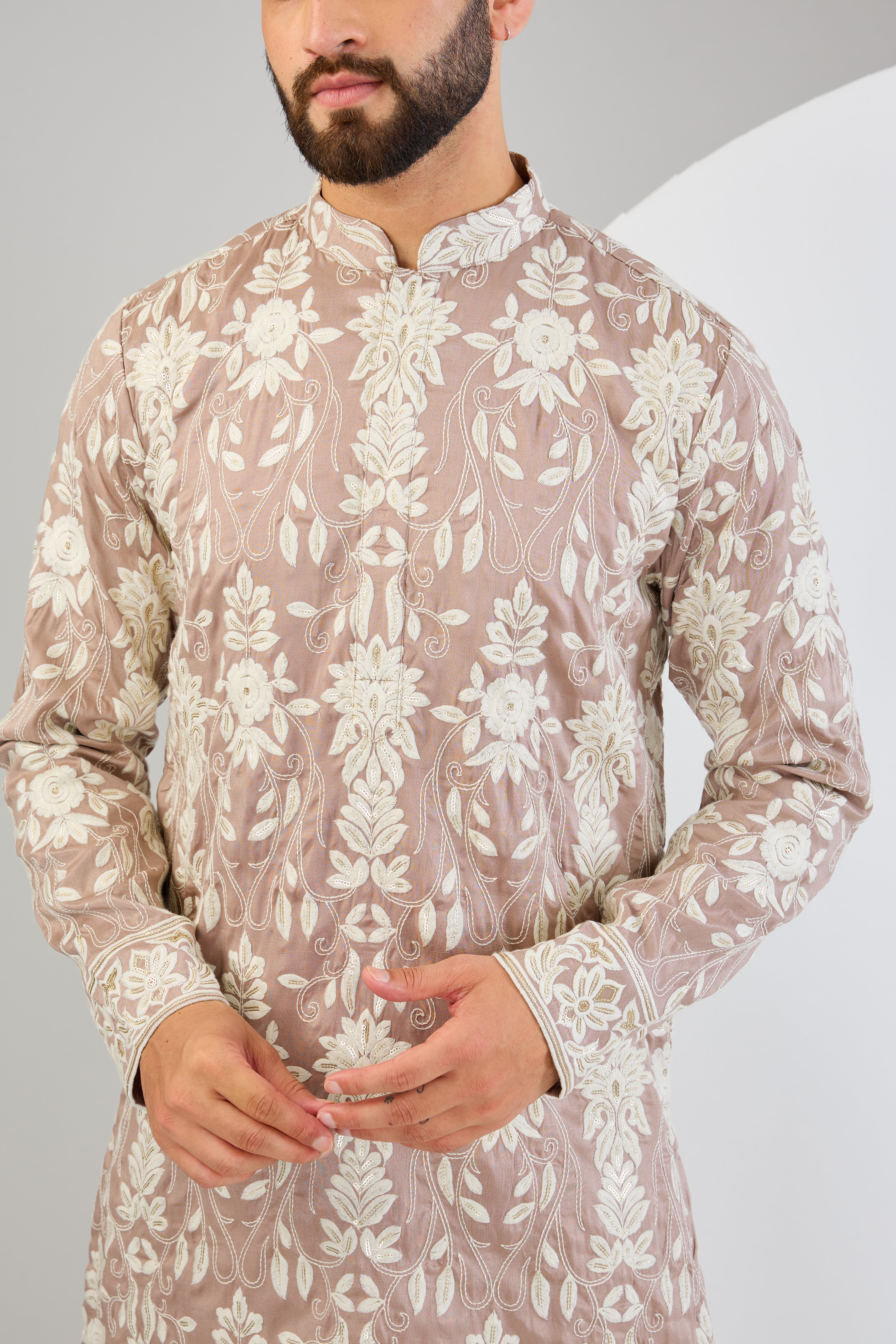 Elegant Mauve Nude Chikankari Kurta with Intricate Sequin & Thread Embroidery - Perfect for Festivals, Weddings & Special Occasions