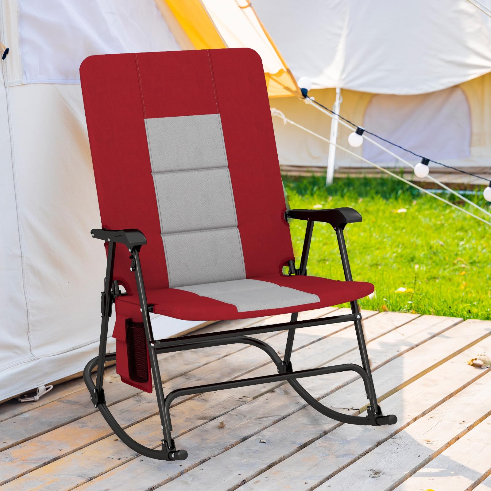 Tangkula Folding Rocking Chair Set - 350 lbs Capacity Foldable Camping Chair with Padded Seat, High Back & Armrests | Portable Indoor Outdoor Rocking Chair for Patio, Lawn, Backyard, Beach & Camping (Red)