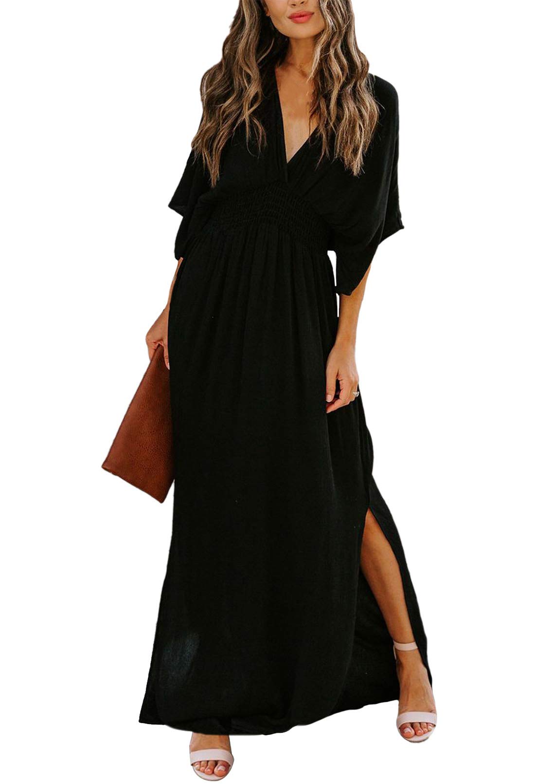 Linsery Women's V-Neck Maxi Dress with High Slit - Flowy Summer Beach Party Long Dress for Evening Events, Vacations & Boho Style Outfits