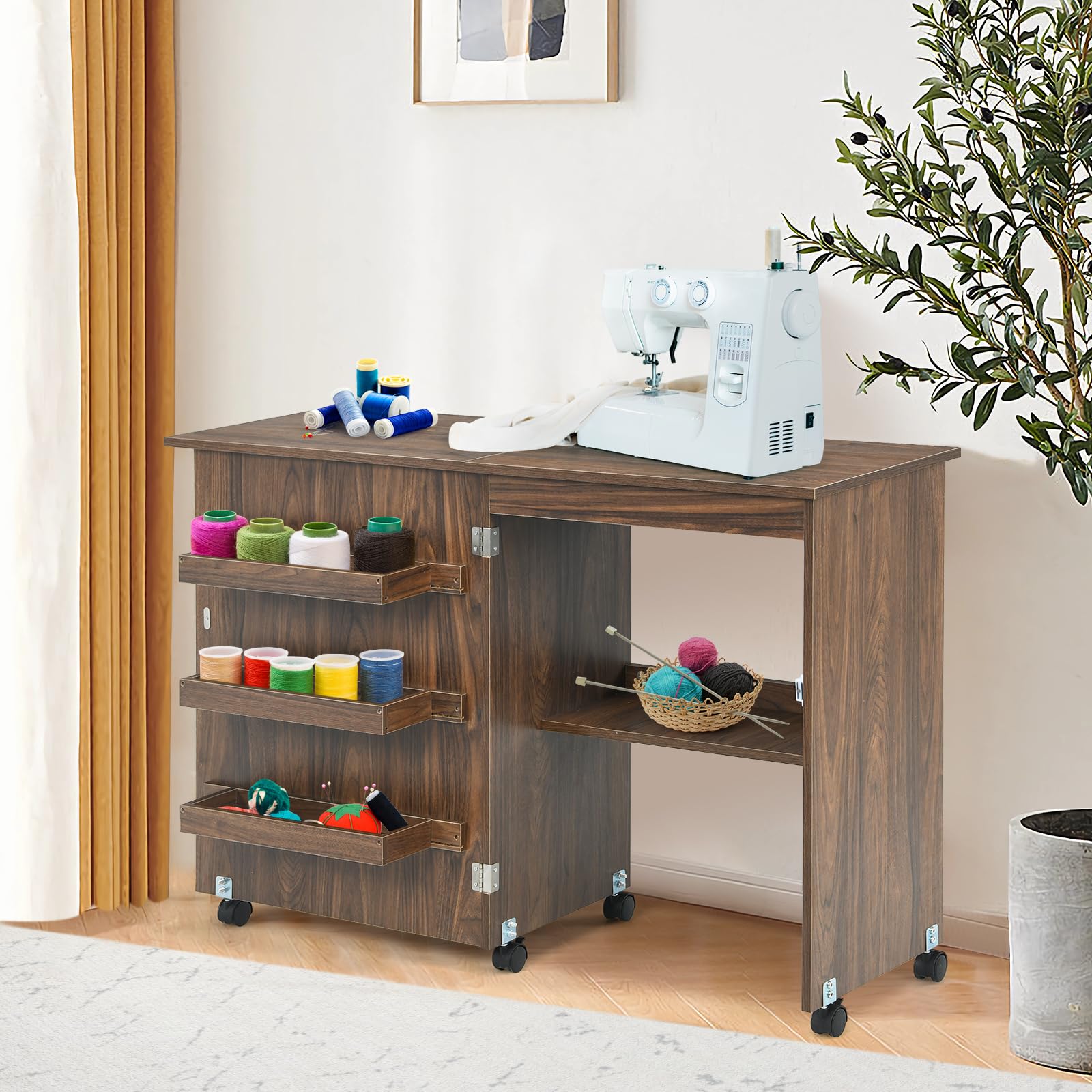 HOMGX Foldable Sewing Table with Storage - Multifunctional Craft Desk with Locking Wheels & Shelves - Space Saving Compact Design for Sewing, Quilting & DIY Projects - Brown Craft Station (16