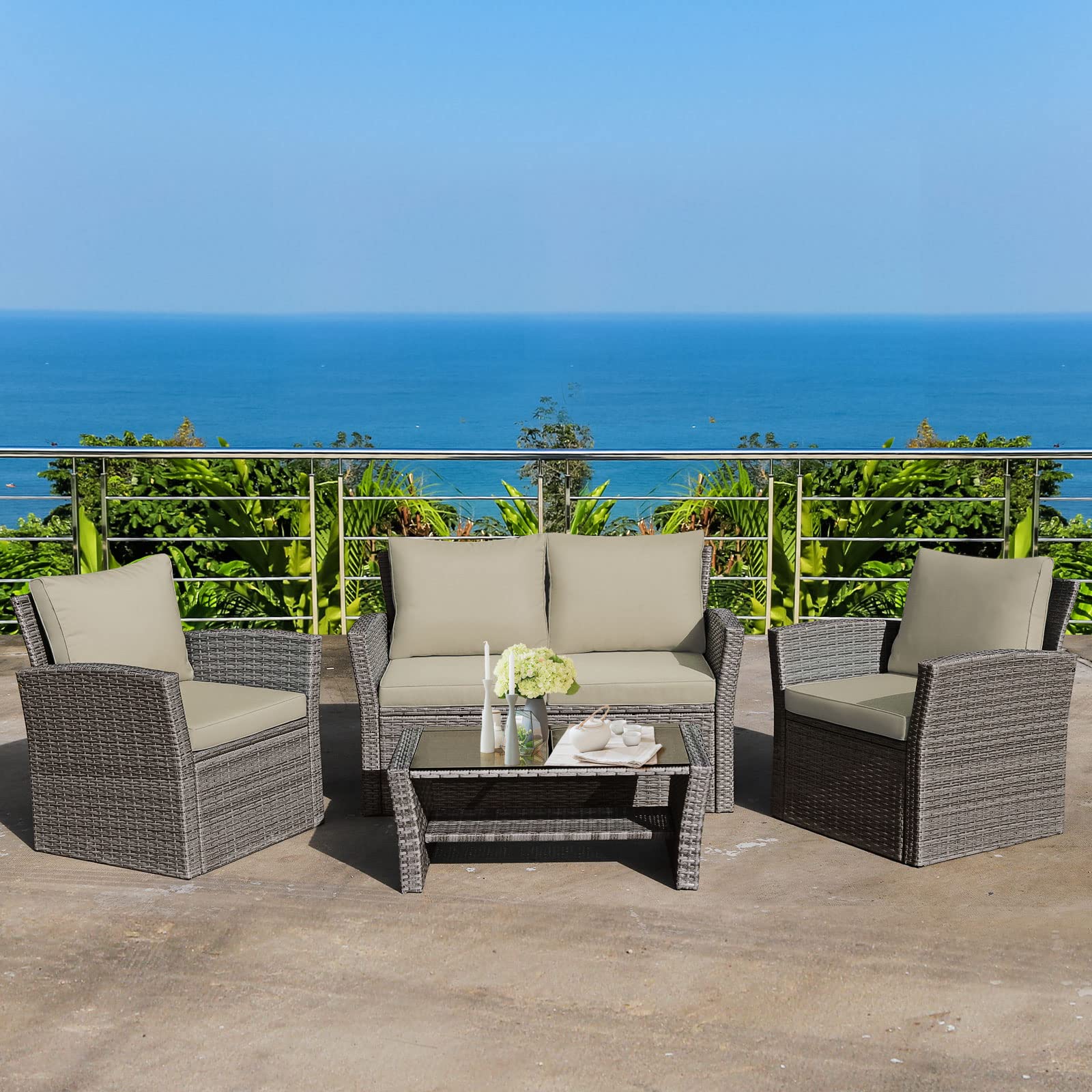 Tangkula 4-Piece All-Weather Outdoor Patio Furniture Set - Wicker Rattan Sectional Sofa with Cushions & Tempered Glass Table - Perfect for Backyard, Garden, Poolside & Patio Relaxation
