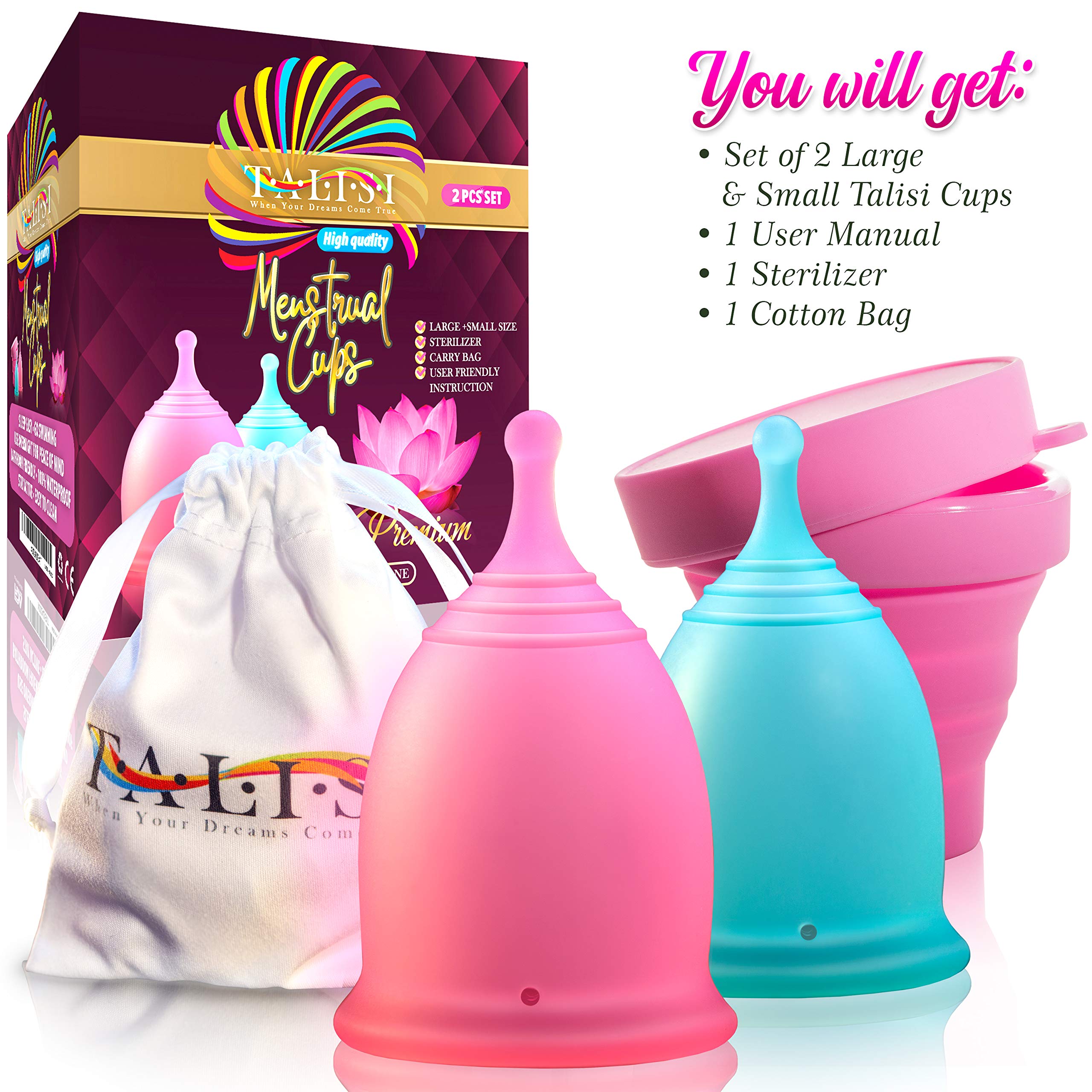 **Talisi Reusable Menstrual Cups Set of 2 - Soft Silicone Foldable Period Cup for Women | Tampon & Pad Alternative | Heavy & Regular Flow | Includes Sterilizing Cup | Ideal for Travel, Gym & Active Lifestyle**