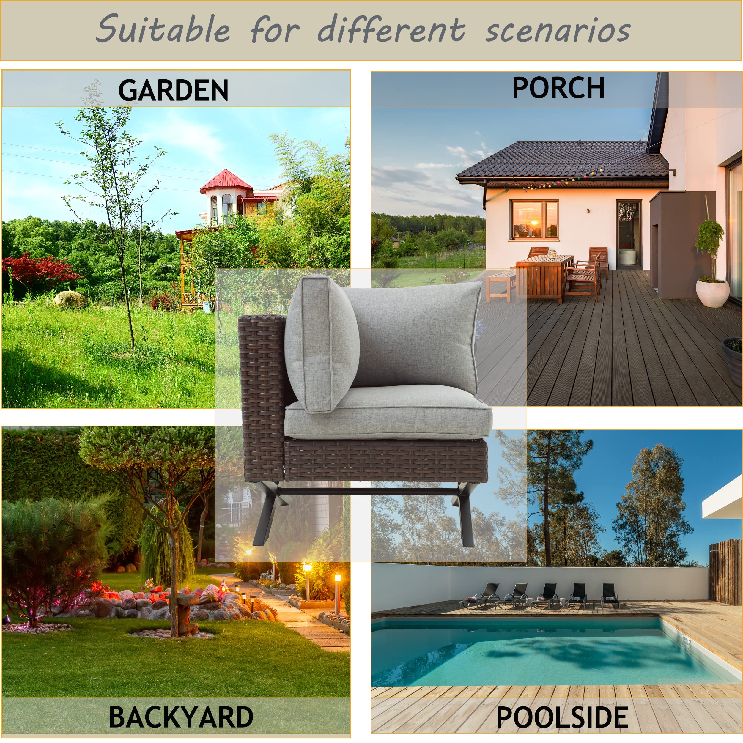 LOKATSE HOME Rattan Corner Sofa with X-Shape Legs & Cushions - Outdoor Patio Furniture, Right-Arm Lounge Chair for Garden, Poolside, Backyard - Brown Wicker Seating for Relaxing & Entertaining
