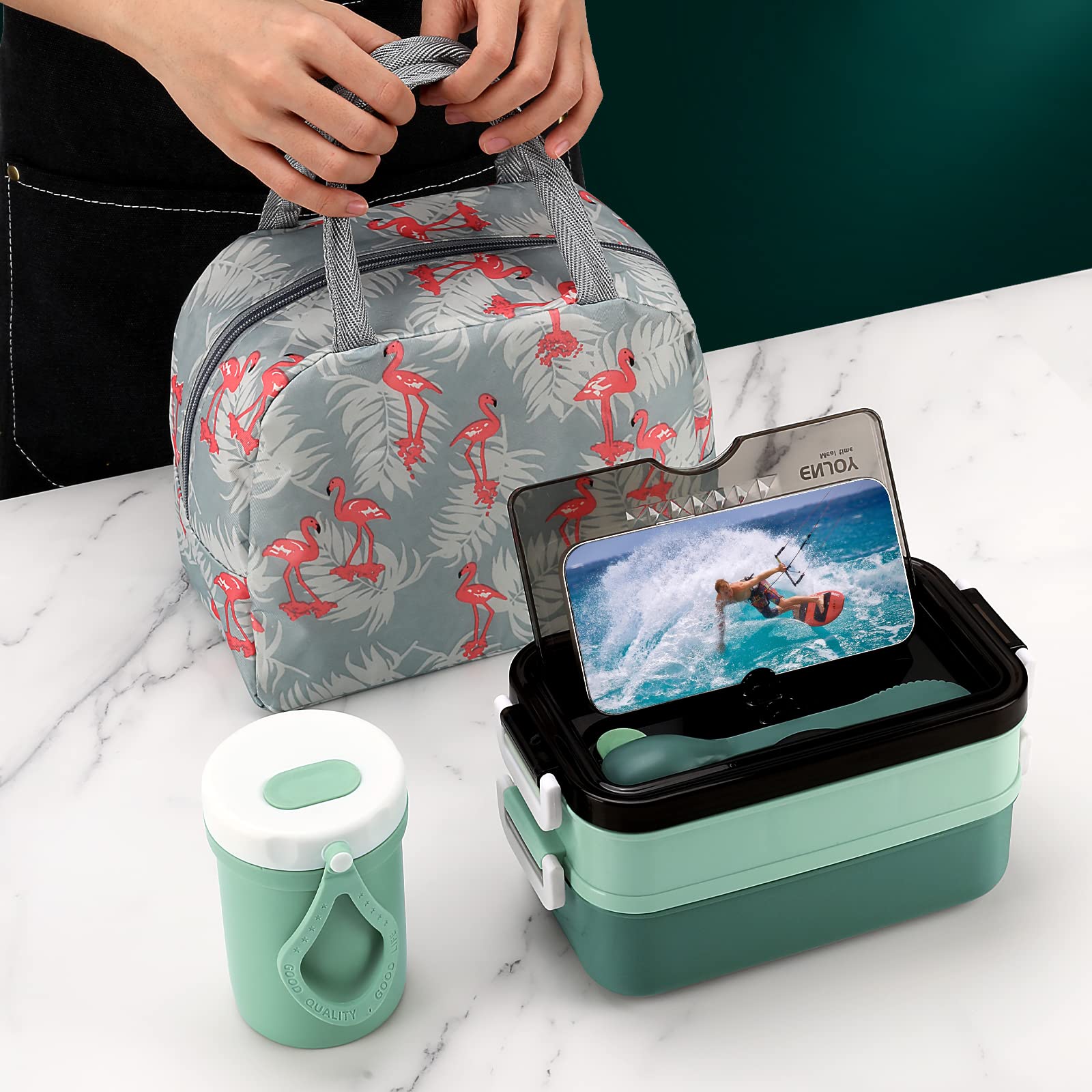 Eco-Friendly 1200ml Bento Lunch Box Kit for Adults - Portable BPA-Free Meal Prep Container with Insulated Lunch Bag - Perfect for Office, School & Travel (Green Metal)