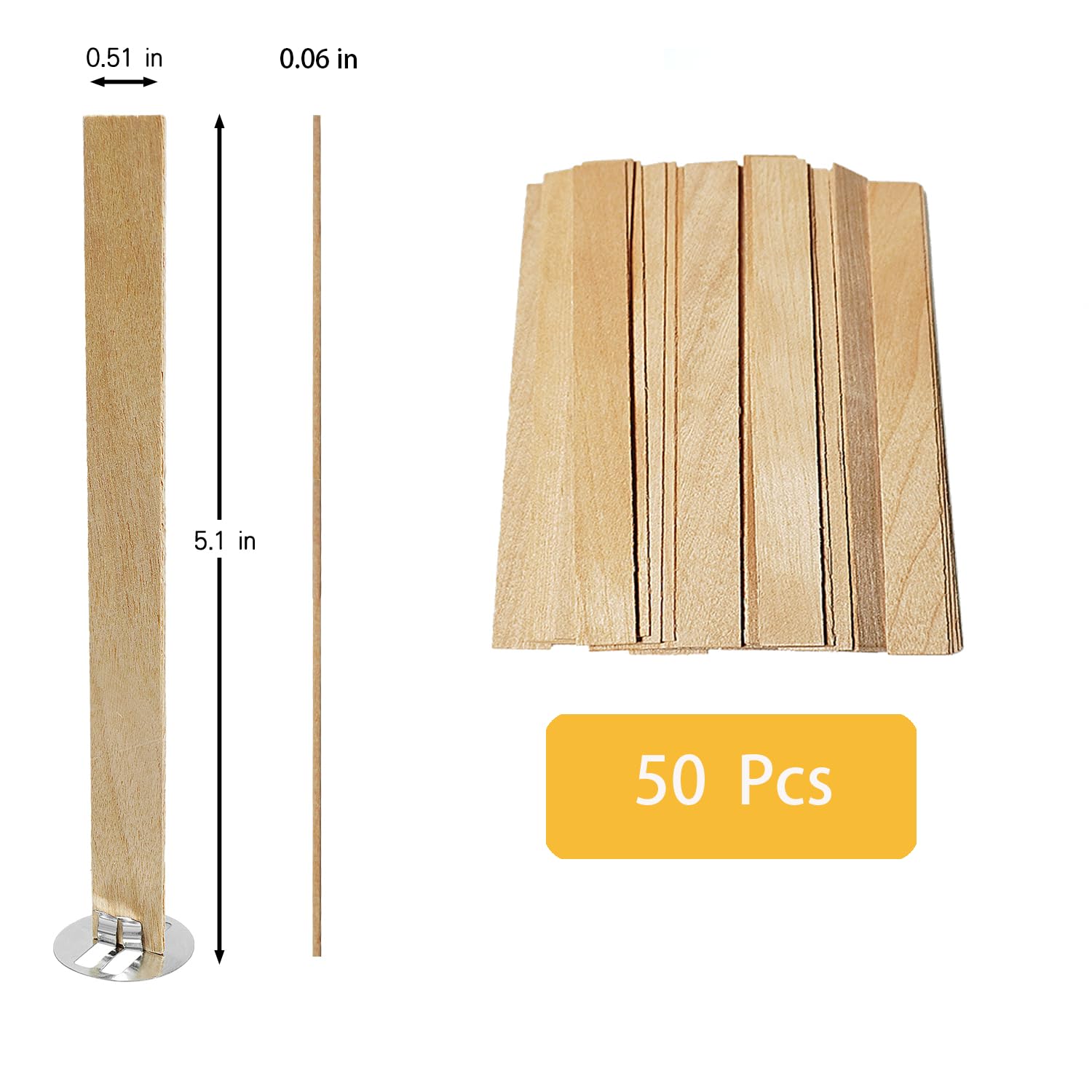 50 Pack Natural Wooden Candle Wicks for DIY Candle Making - 5.1 x 0.5 x 0.06 Inch Smokeless Wood Wicks (50x1.5mm) - Perfect for Soy Wax, Beeswax & Container Candles