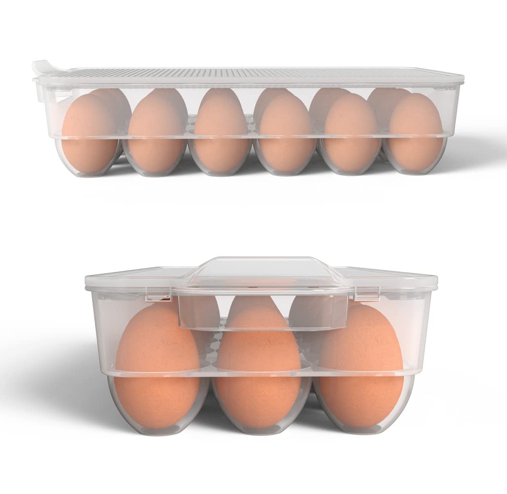 WYT Clear Covered Egg Holder 3-Pack - Plastic Refrigerator Egg Storage Container with Lid Holds 18 Eggs - Perfect for Kitchen Organization & Fridge Space Saving
