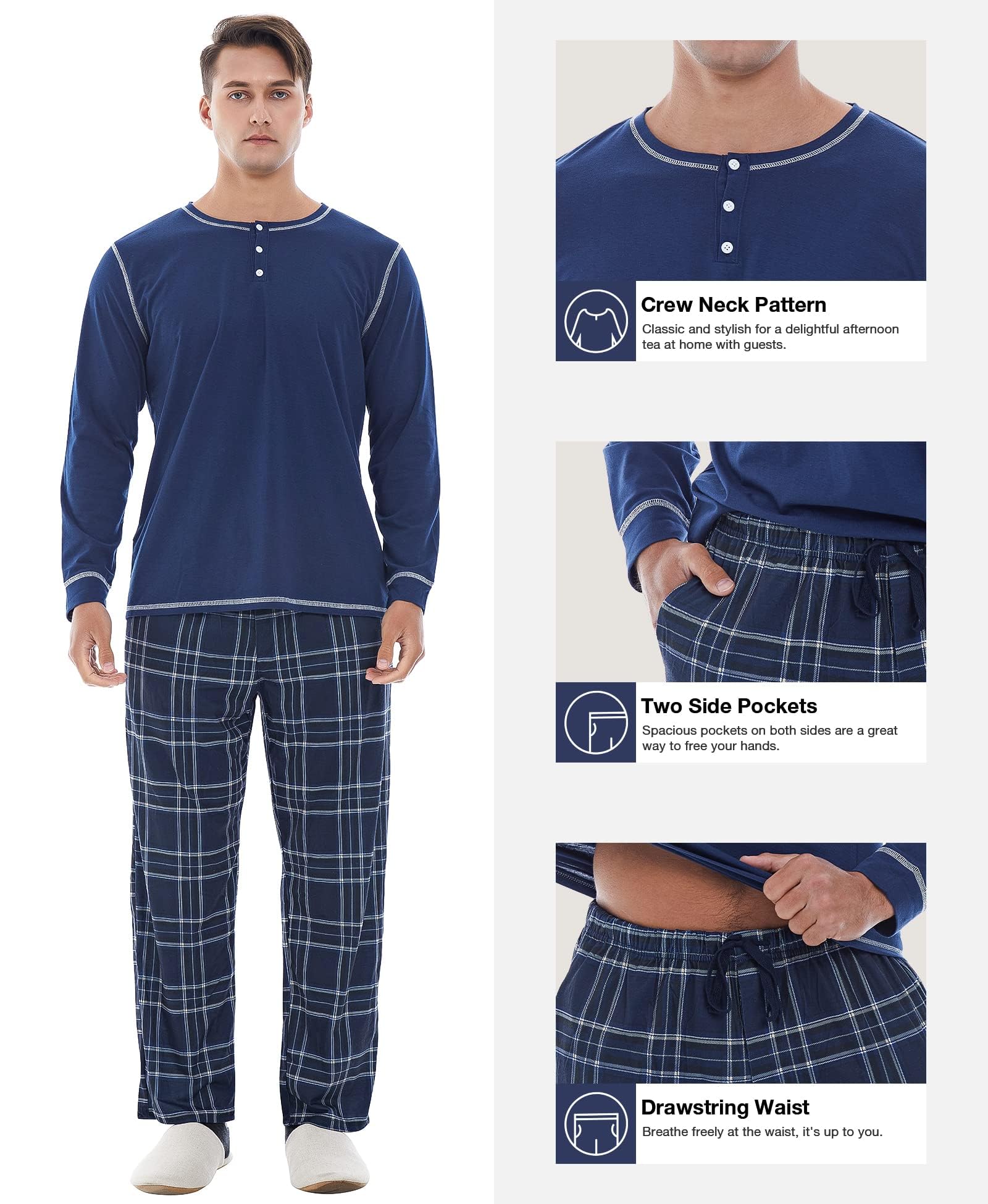 Yoimira Men's Soft Pajama Set with Pockets - Comfortable Sleepwear for Home & Lounge