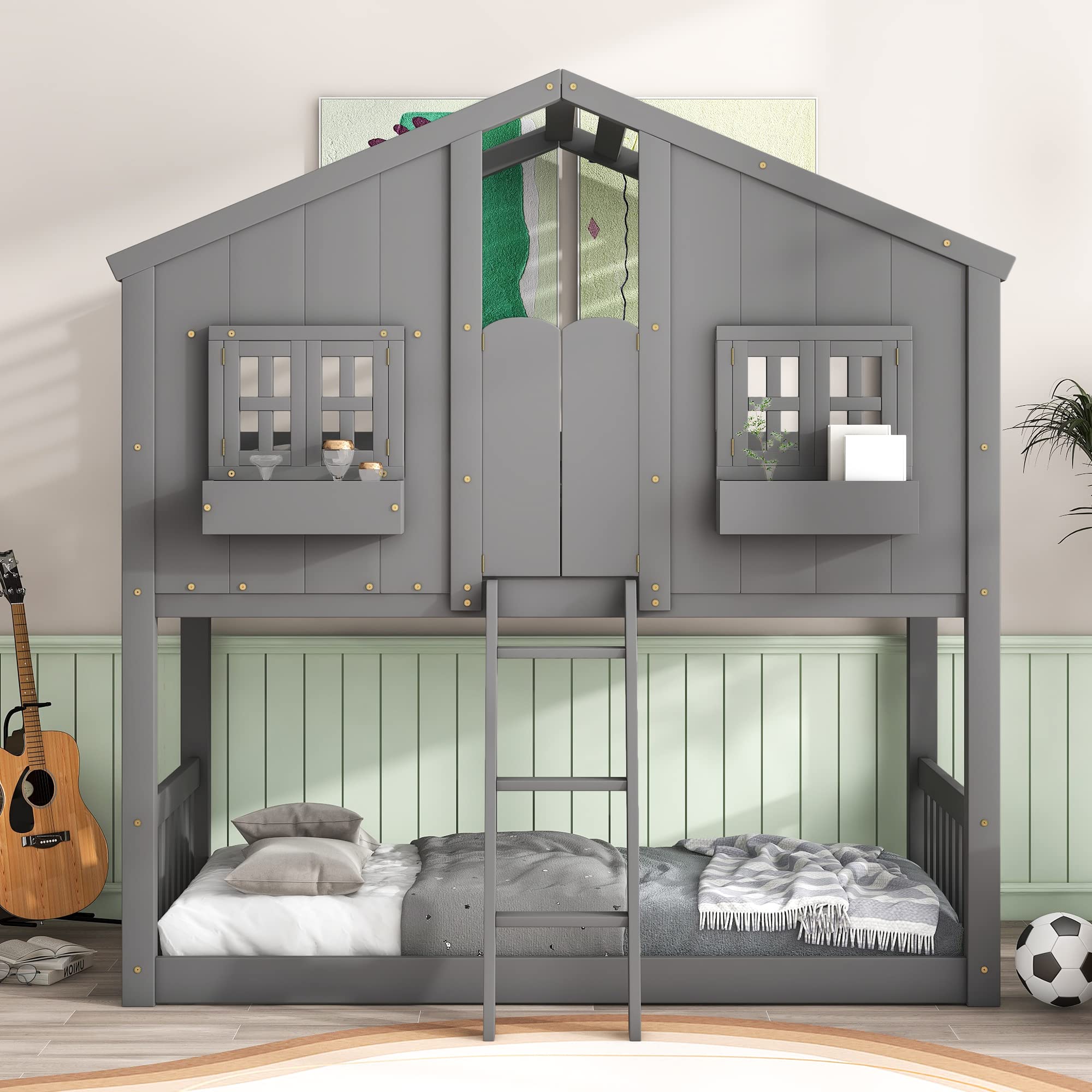 MERITLINE Twin Over Twin Wooden House Bunk Bed with Roof, Window, Window Box & Door - Grey Kids Bunk Bed for Boys, Girls & Teens | Perfect for Small Bedrooms, Shared Kids Rooms & Space-Saving Sleep Solutions
