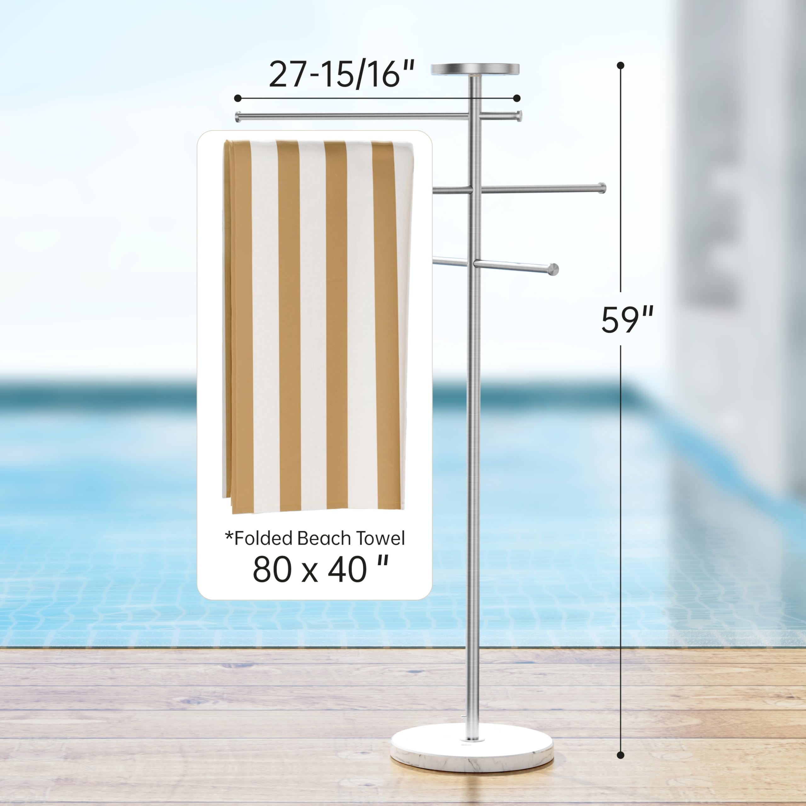 Premium 5-Ft Stainless Steel Outdoor Towel Rack with Weighted Base - Adjustable 3-Arm Design & Storage Tray - Brushed 18/8 Stainless Steel - Perfect for Poolside, Hot Tub, Patio & Backyard Use