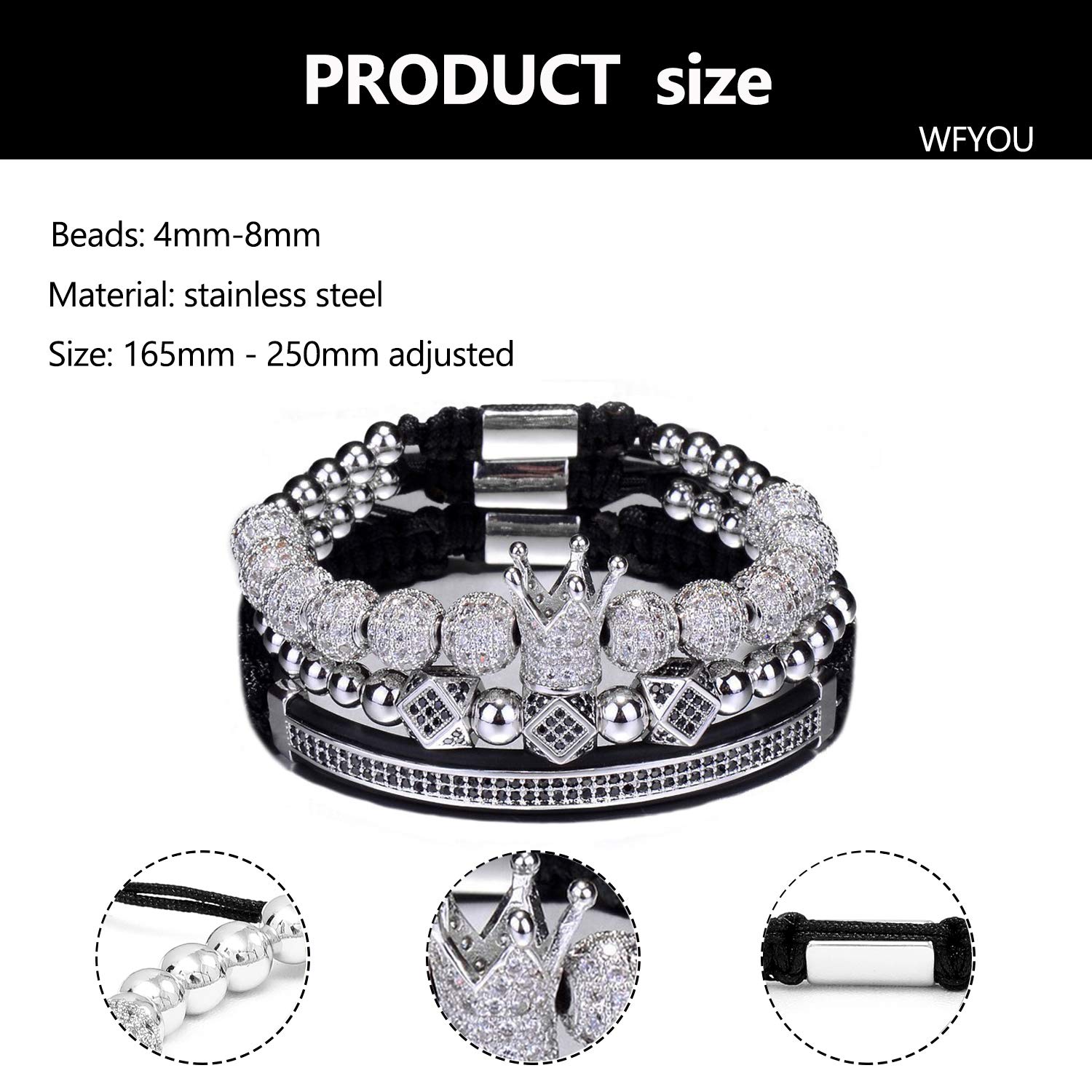 WFYOU Imperial Crown Bracelets for Men - 18kt Gold Plated Cubic Zirconia Beaded Cross Charm Bracelet - Luxury Jewelry Gift for Him - Perfect for Weddings, Anniversaries & Special Occasions