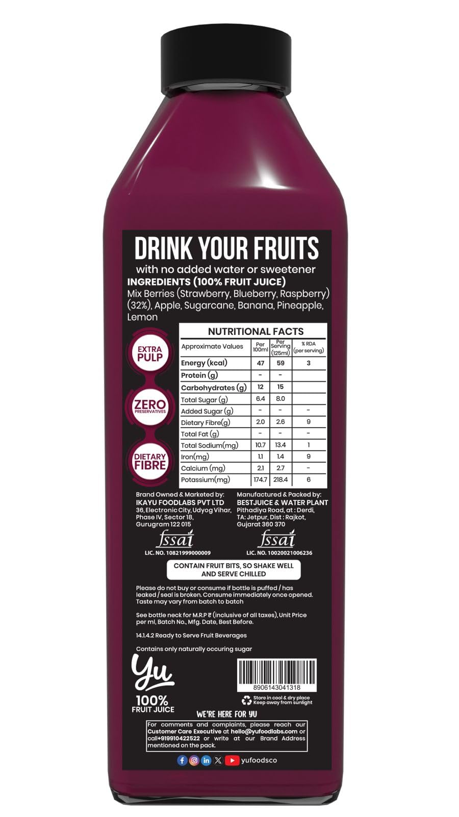 Yu Foodlabs 100% Natural Berry Blast Juice with Blueberry Pieces - No Added Sugar, Zero Preservatives - Healthy Beverage for Kids & Adults - Pack of 3 (750ml Total) - Perfect for Breakfast, Lunch Boxes & On-the-Go Hydration