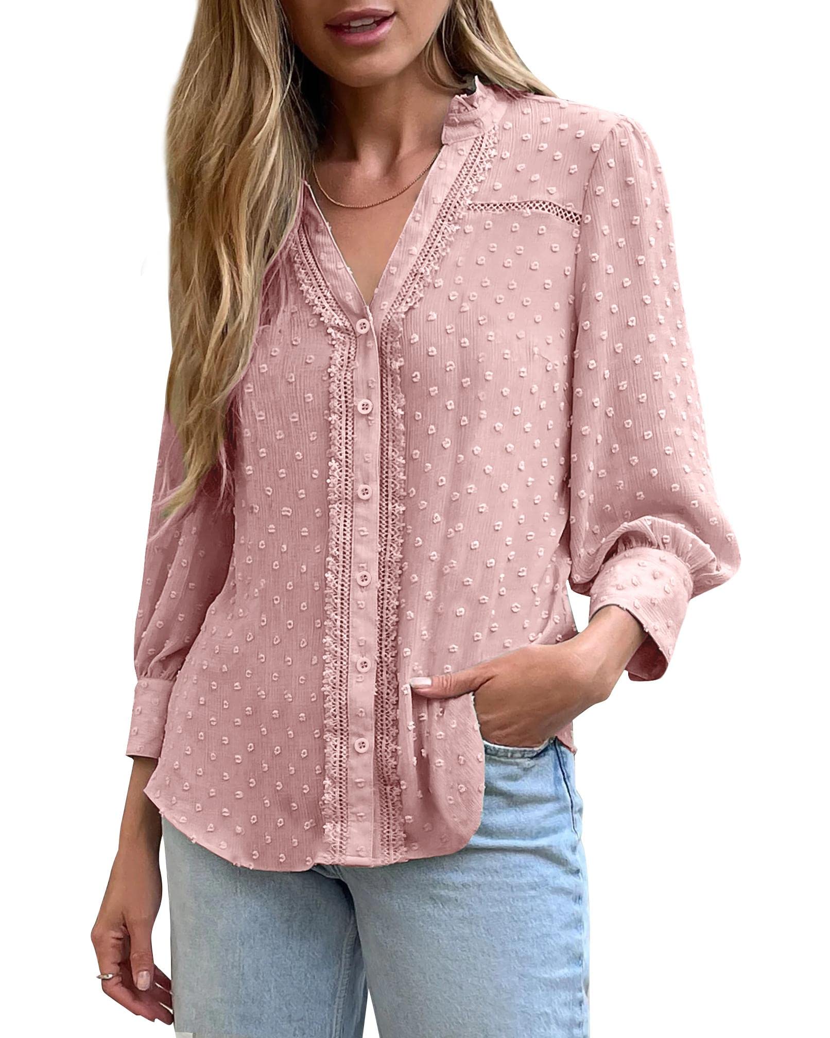 Imily Bela Women's 3/4 Sleeve V-Neck Chiffon Blouse - Loose Lace Pom Pom Button Down Shirt for Autumn | Casual Office Wear & Fall Outfits