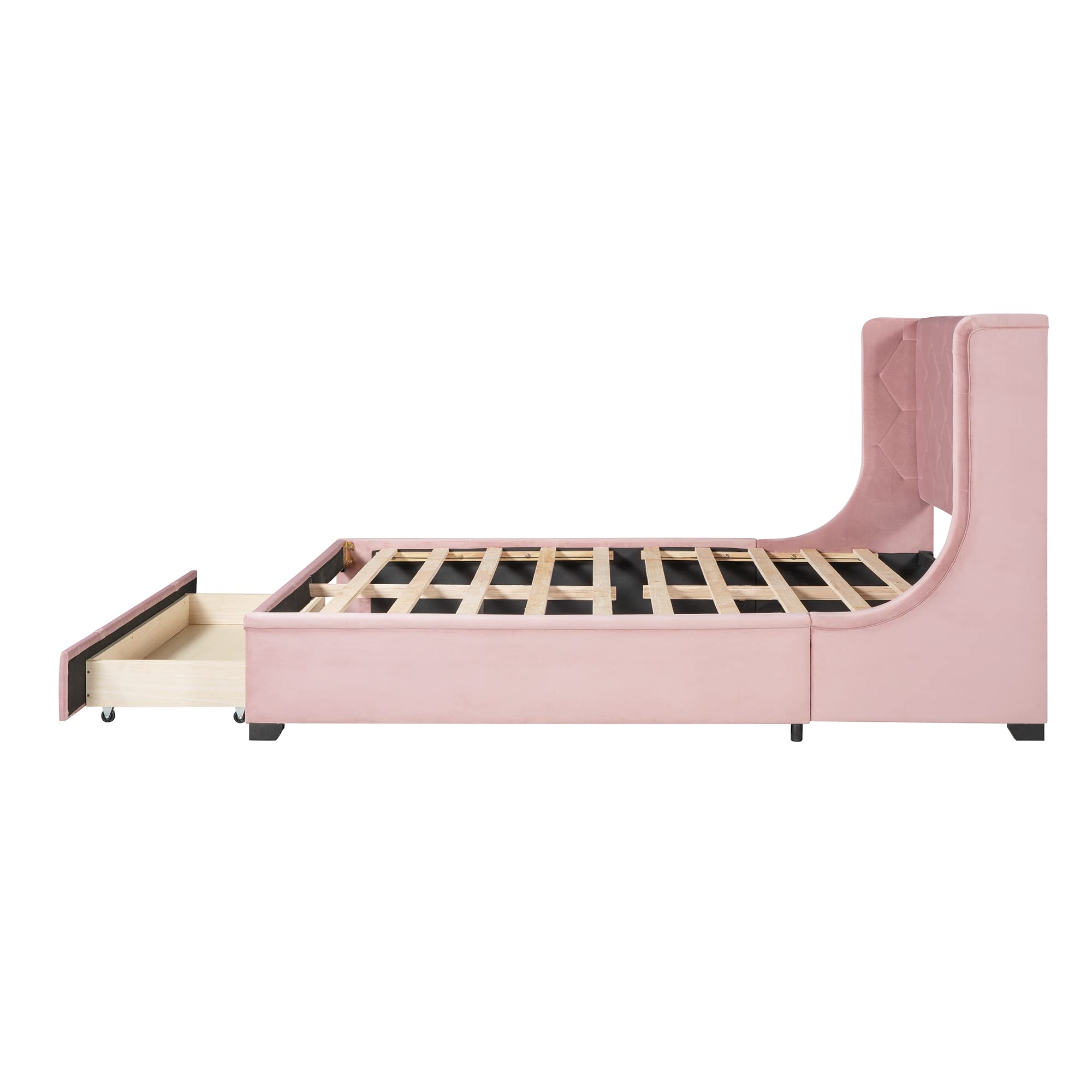 Harper & Bright Designs Queen Size Velvet Upholstered Platform Bed with Storage Drawer & Wingback Headboard - No Box Spring Needed, Pink - Perfect for Bedroom, Guest Room & Small Space Living