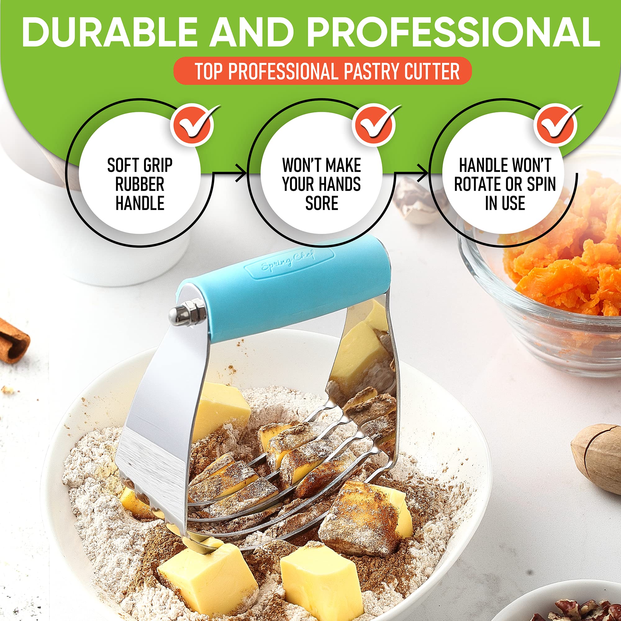 Spring Chef Dough Blender - Professional Stainless Steel Pastry Cutter for Baking Pies, Cookies & Pastries | Heavy Duty Medium Size Baking Tool with Ergonomic Handle | Perfect for Home Bakers & Professional Chefs (Aqua Sky)
