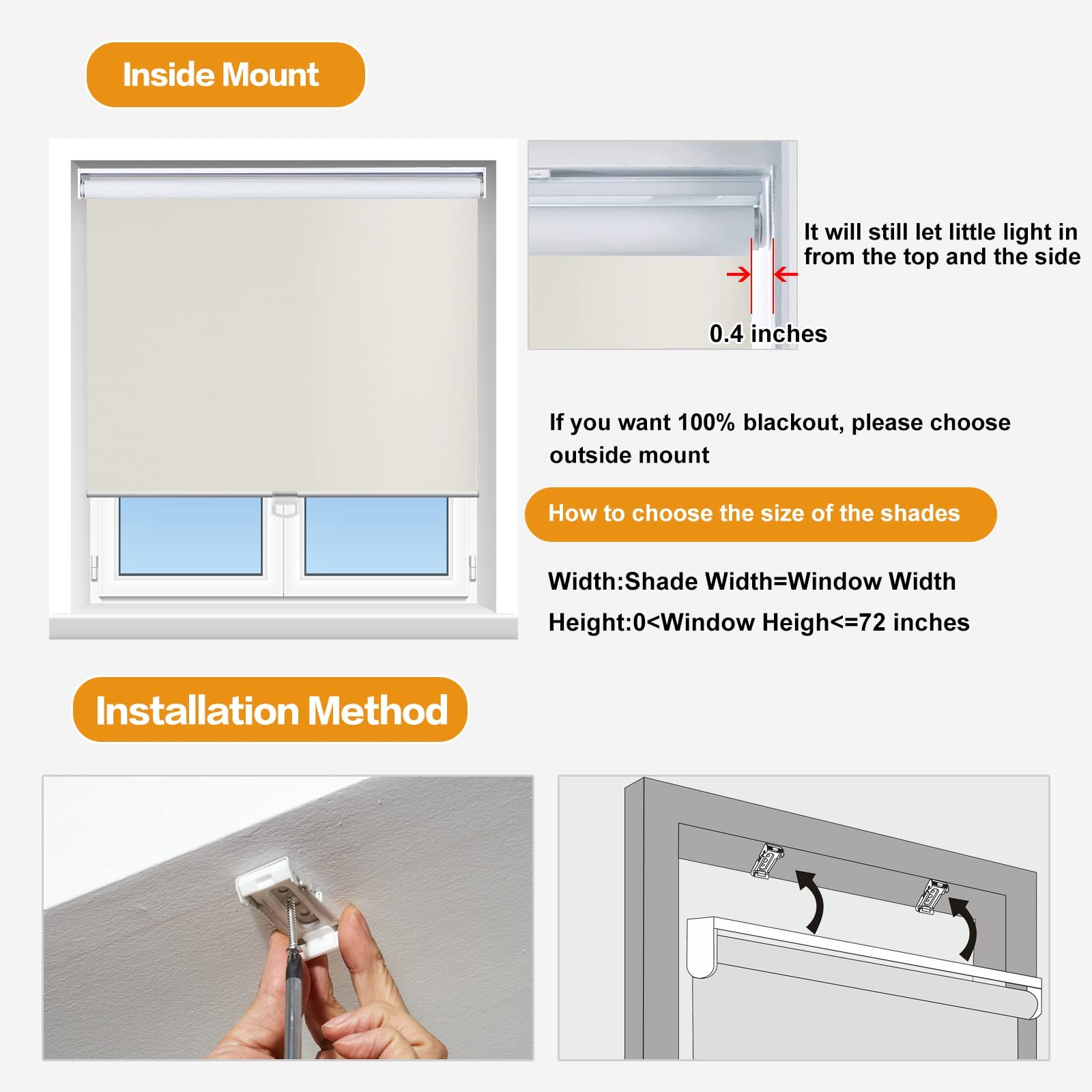 Persilux 100% Blackout Cordless Roller Shades for Windows - Thermal Insulated Window Blinds for Doors & Living Room - Inside/Outside Mount (80.5