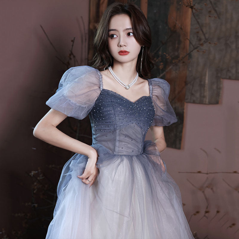 Elegant Gradient A-Line Tulle Prom Dress with Puff Sleeves - Shiny Long Evening Gown for Homecoming, Wedding, Party | Style 590