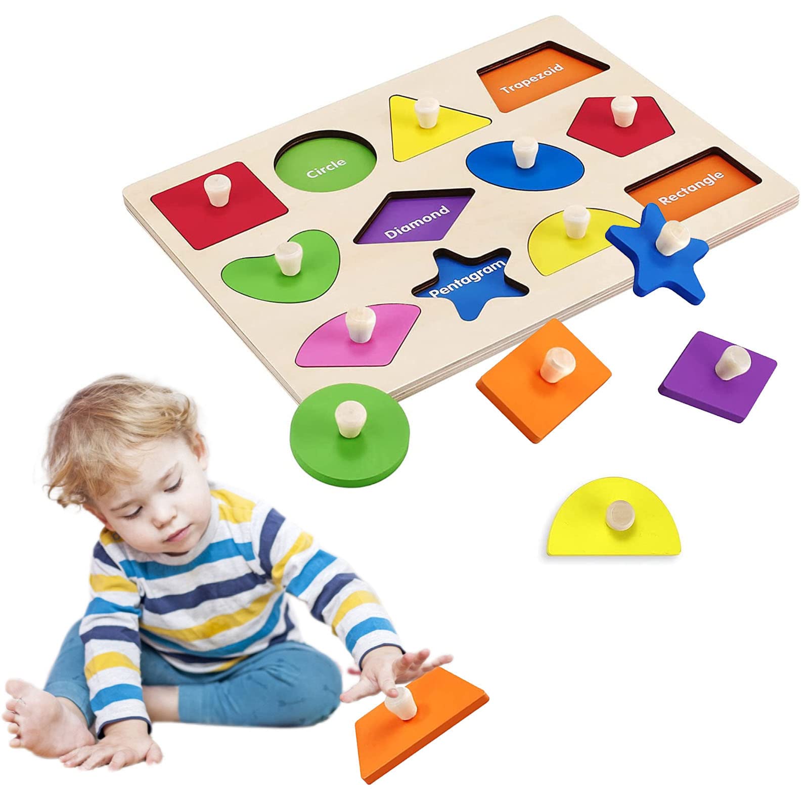 Montessori Wooden Shape Puzzle - Geometric Peg Board with Jumbo Knobs for Toddlers Ages 1-3 | Educational Learning Toy for Boys & Girls | Perfect Christmas Birthday Gift | Develops Fine Motor Skills & Shape Recognition - Ideal for Preschool Classroom, Daycare, or Home Learning Activities