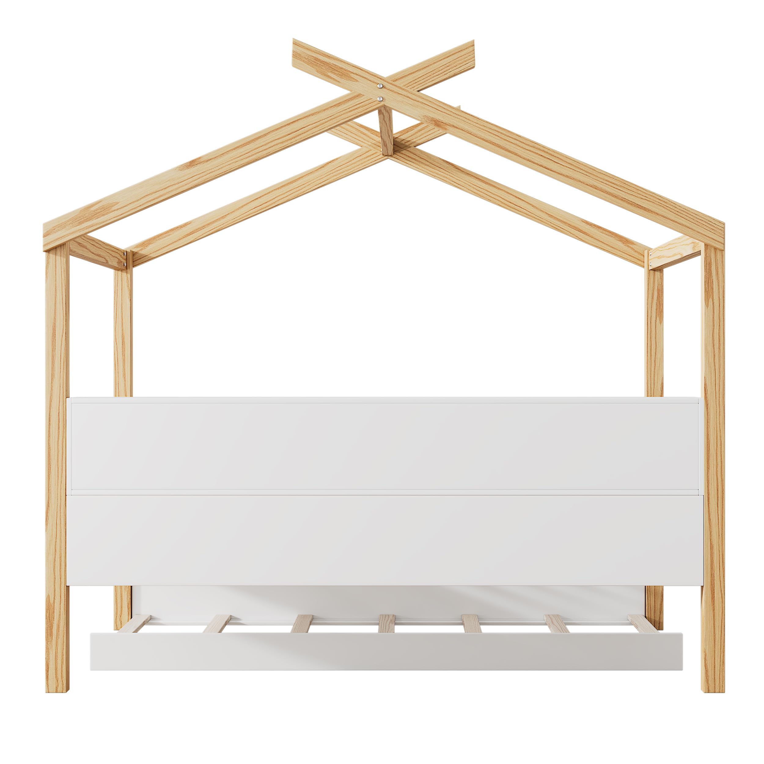 Natural Wood Kids Trundle Bed with Bookshelf - Montessori Toddler House Bed for Boys & Girls, Full Size White Children's Bed - Perfect for Small Bedrooms, Playrooms & Montessori Learning Spaces
