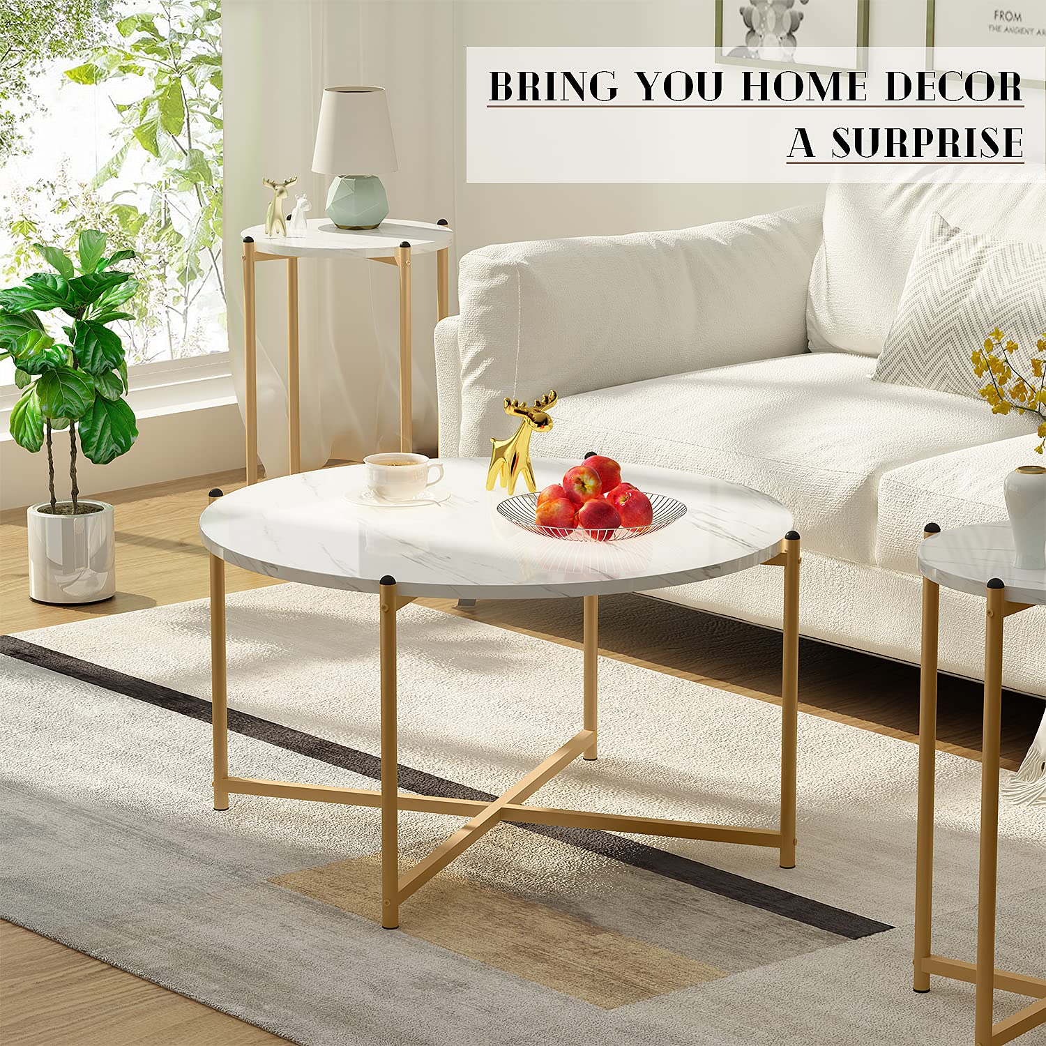 DKLGG Faux Marble Coffee Table Set of 3 - Round Coffee Table & 2 End Tables with Sturdy Metal Frame, Modern Sofa Side Tables for Living Room, Apartment, Lounge | Perfect for Coffee, Books & Decor Display