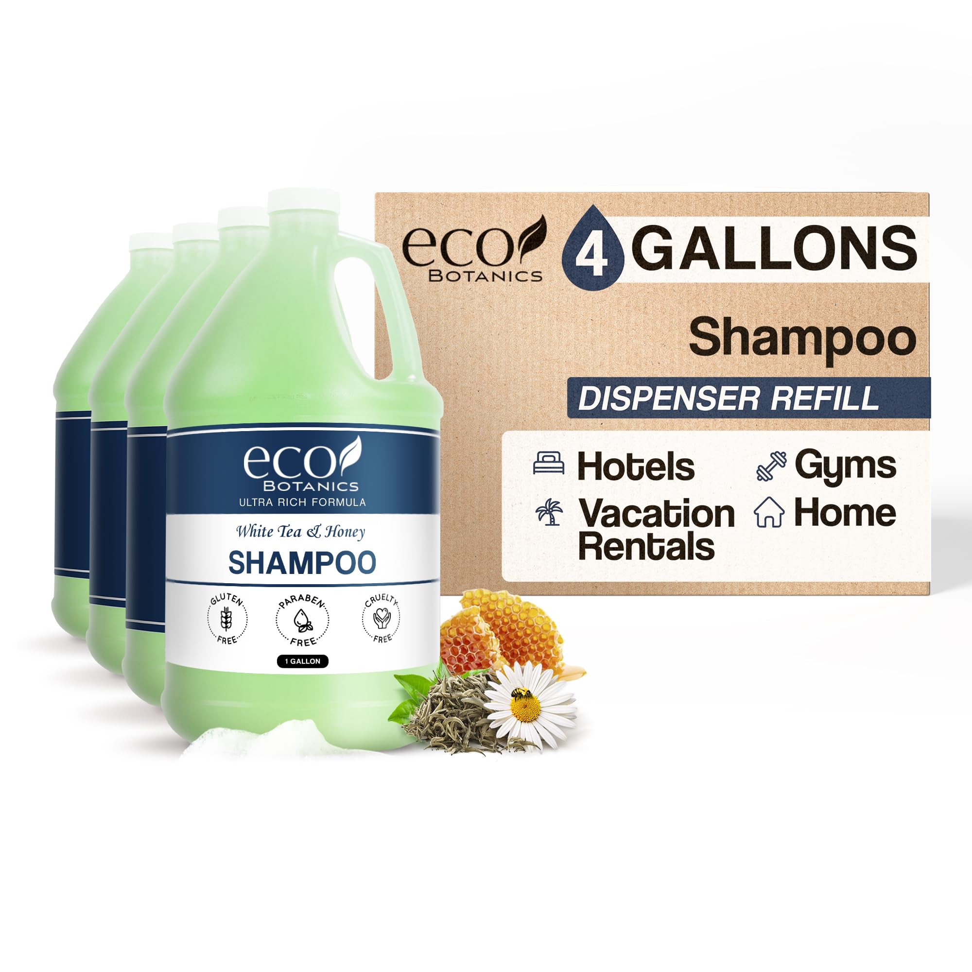 Terra Pure Eco Botanics Hotel Shampoo - 1 Gallon Bulk Refill (Pack of 4) | Biodegradable & Sulfate-Free for Soap Dispensers | Perfect for Hotels, Spas & Commercial Use