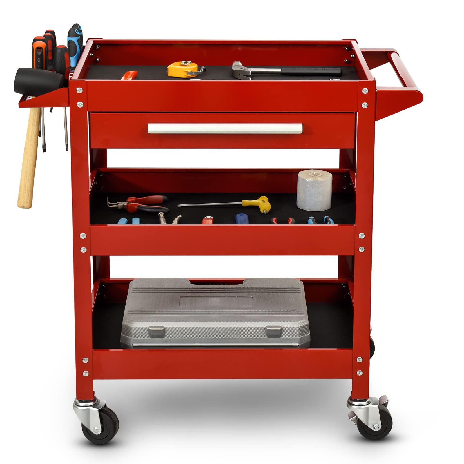 3-Tier Heavy Duty Rolling Tool Cart with Drawer - 330 LBS Capacity Industrial Utility Service Cart for Mechanics, Garage & Workshop Organization - Perfect for Auto Repair, Warehouse Tools & DIY Projects (Red)