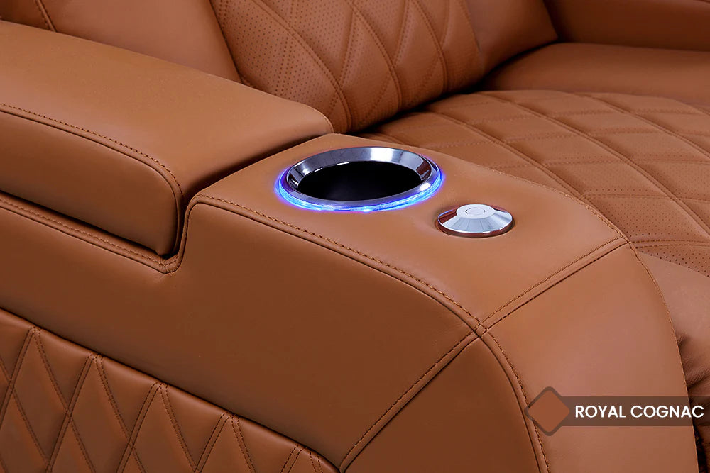 Valencia 2025 Tuscany Luxury Leather Home Theater Seating Set - 4 Seater Loveseat with Center Console in Royal Cognac Brown | Premium Home Cinema Furniture for Movie Nights & Entertainment Rooms