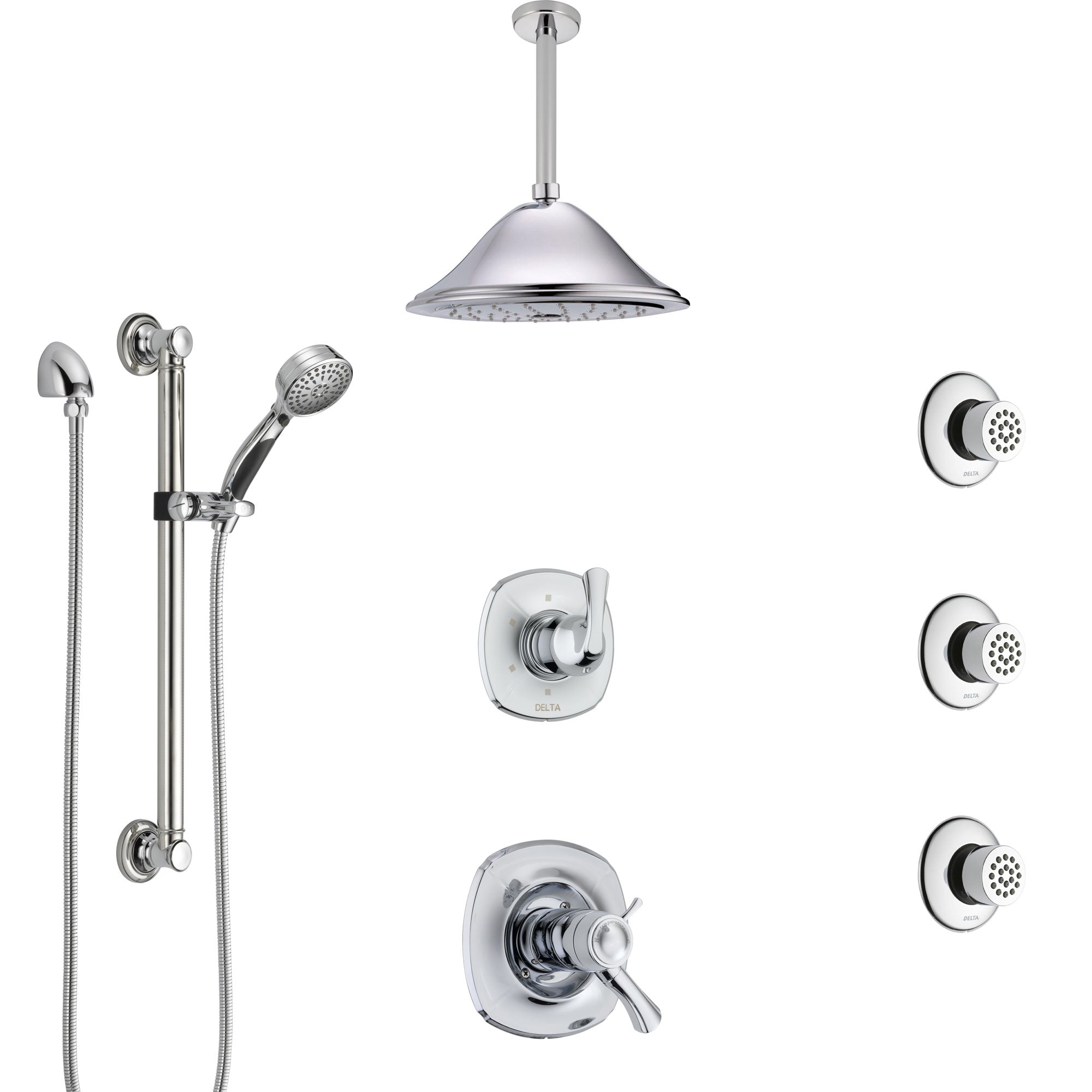 Delta Addison Chrome Shower System - Dual Thermostatic Control, Diverter, Ceiling Showerhead, 3 Body Sprays & Grab Bar Hand Shower (Model SS17T9223) - Perfect for Luxury Bathroom Renovations & Spa-Like Shower Experience