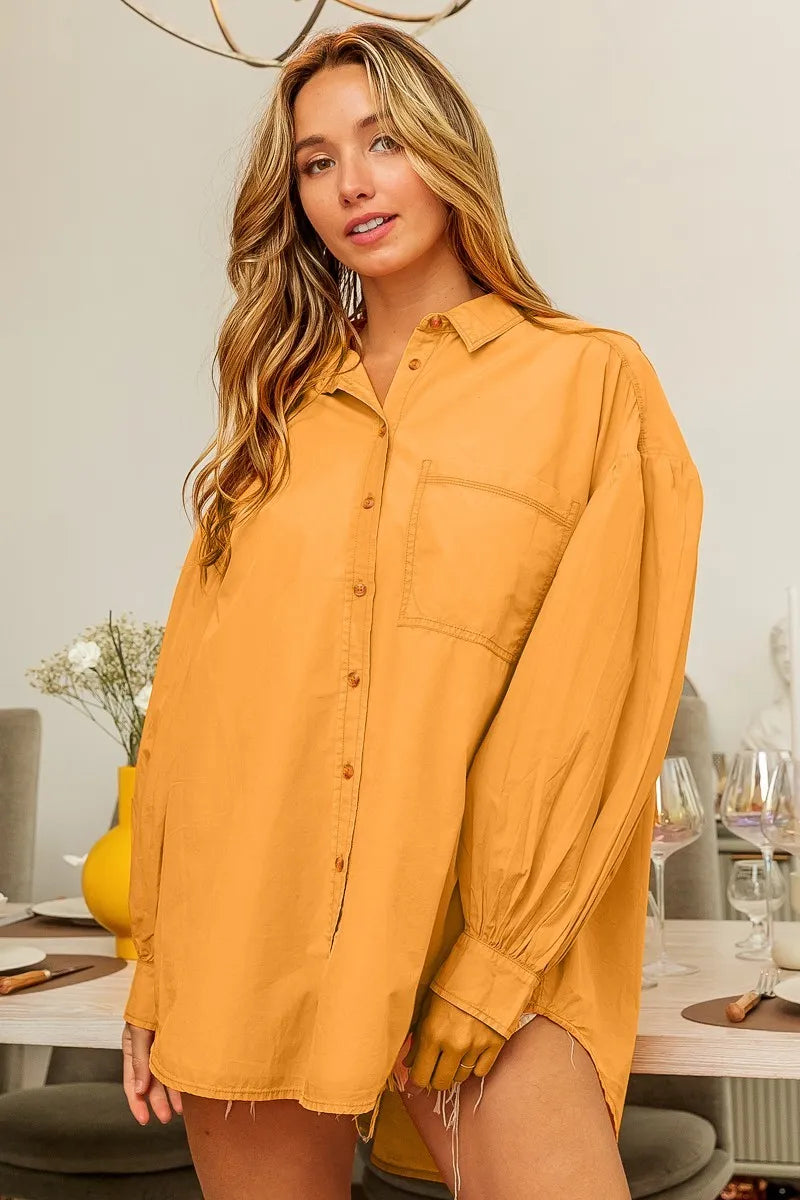 Vintage Washed Oversized Shirt with Gathered Sleeves - Women's Boho Chic Blouse for Casual Outfits, Layering & Street Style Fashion