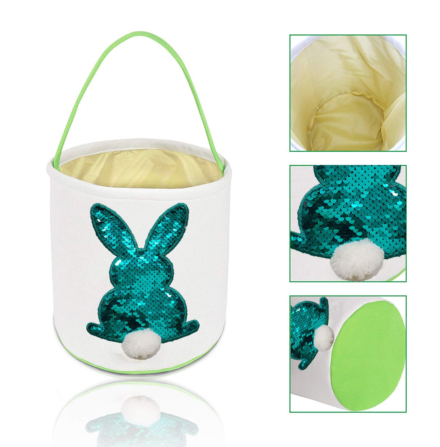 Easter Basket Bags for Kids - Bunny Tote Bucket with Paillette Design for Easter Eggs, Toys, Candy & Gifts | Perfect for Easter Egg Hunts, Party Favors & Holiday Celebrations (Green)