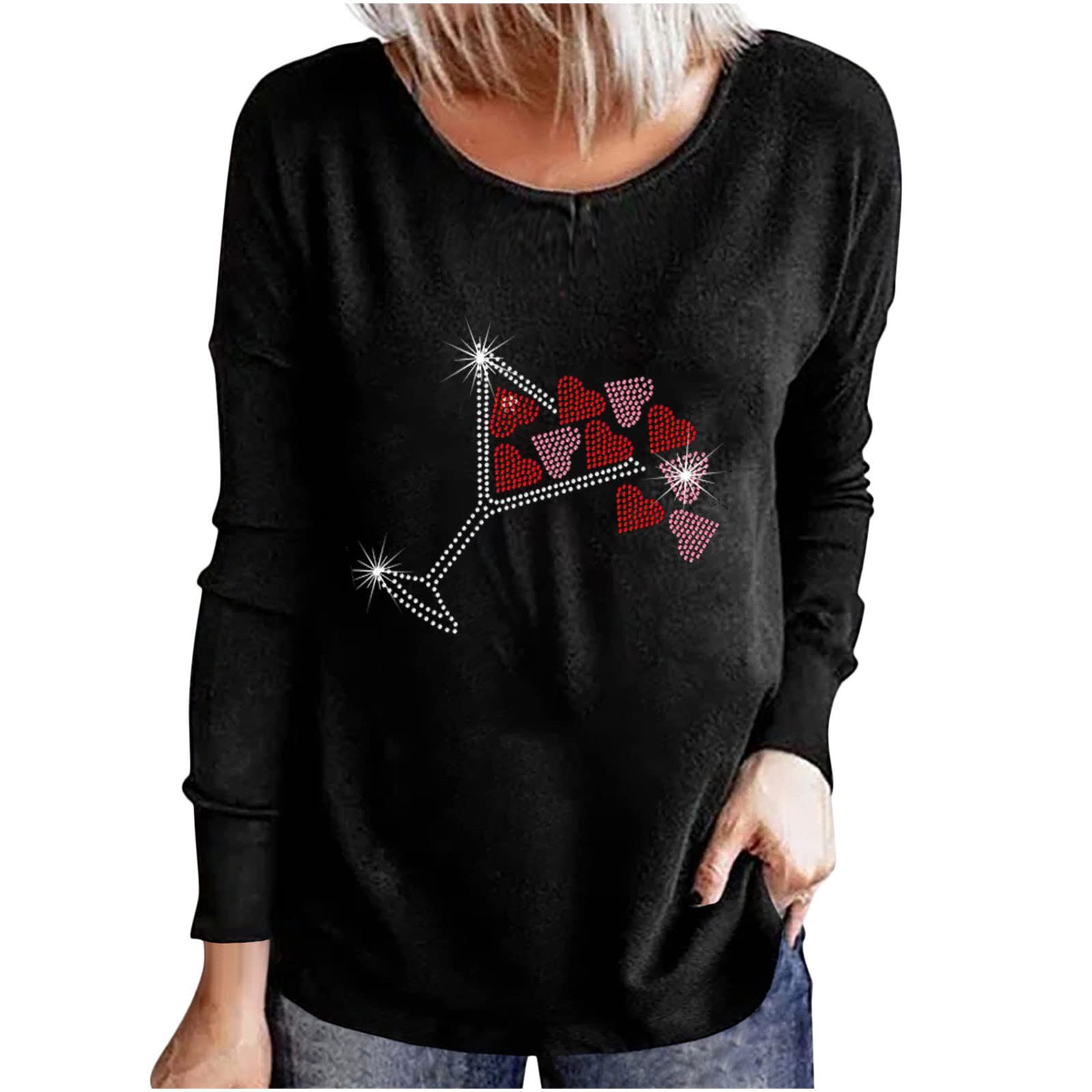 Ylioge Women's Long Sleeve Crewneck Graphic Blouse - Wine Glass & Little Heart Print Pullover Top for Casual Wear | Perfect for Office, Date Night & Weekend Outings