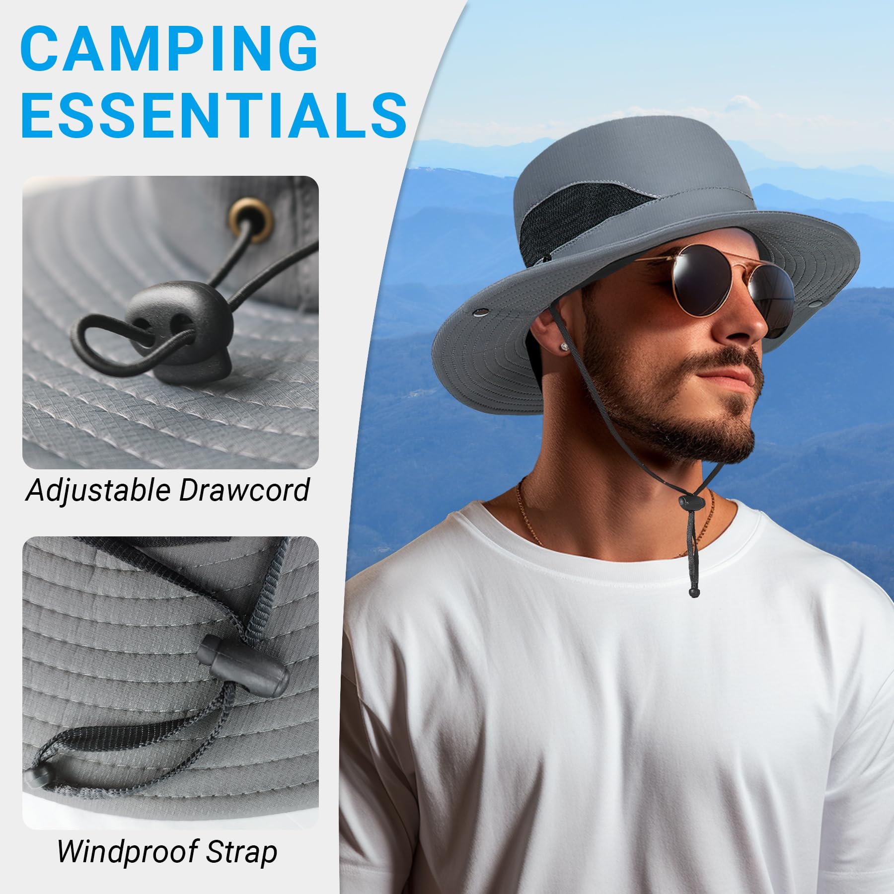 Men's Wide Brim Bucket Hat - UPF 50+ UV Protection Sun Hat for Fishing, Beach, Hiking & Safari - Lightweight Breathable Boonie Hat in Blue - Perfect for Outdoor Activities & Summer Adventures