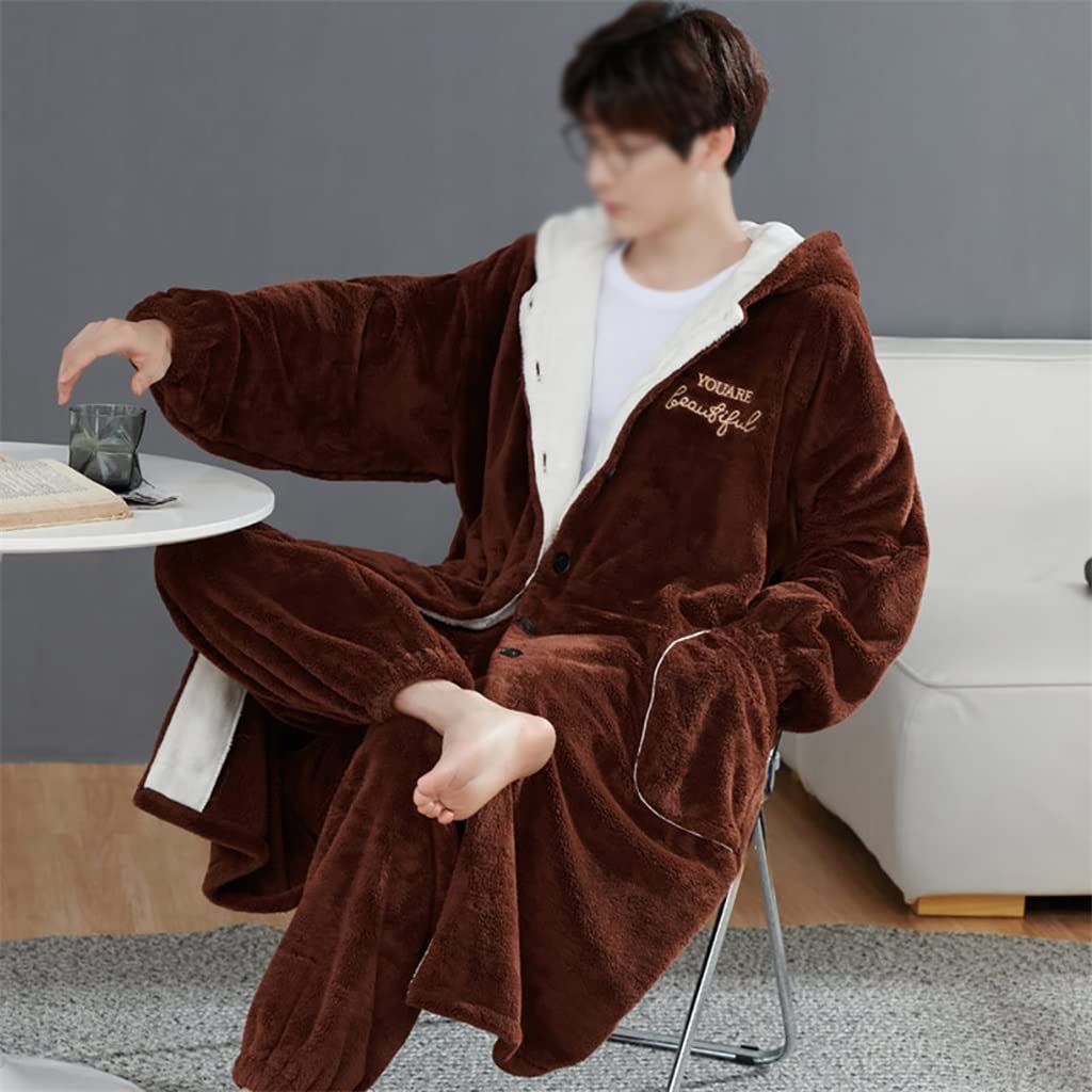 Men's Winter Warm Hooded Kimono Robe - Thick Flannel Terry Cloth Bathrobe with Letter Embroidery & Button Closure - XXL Size (Color B) - Cozy Loungewear for Home, Spa & Cold Weather Relaxation