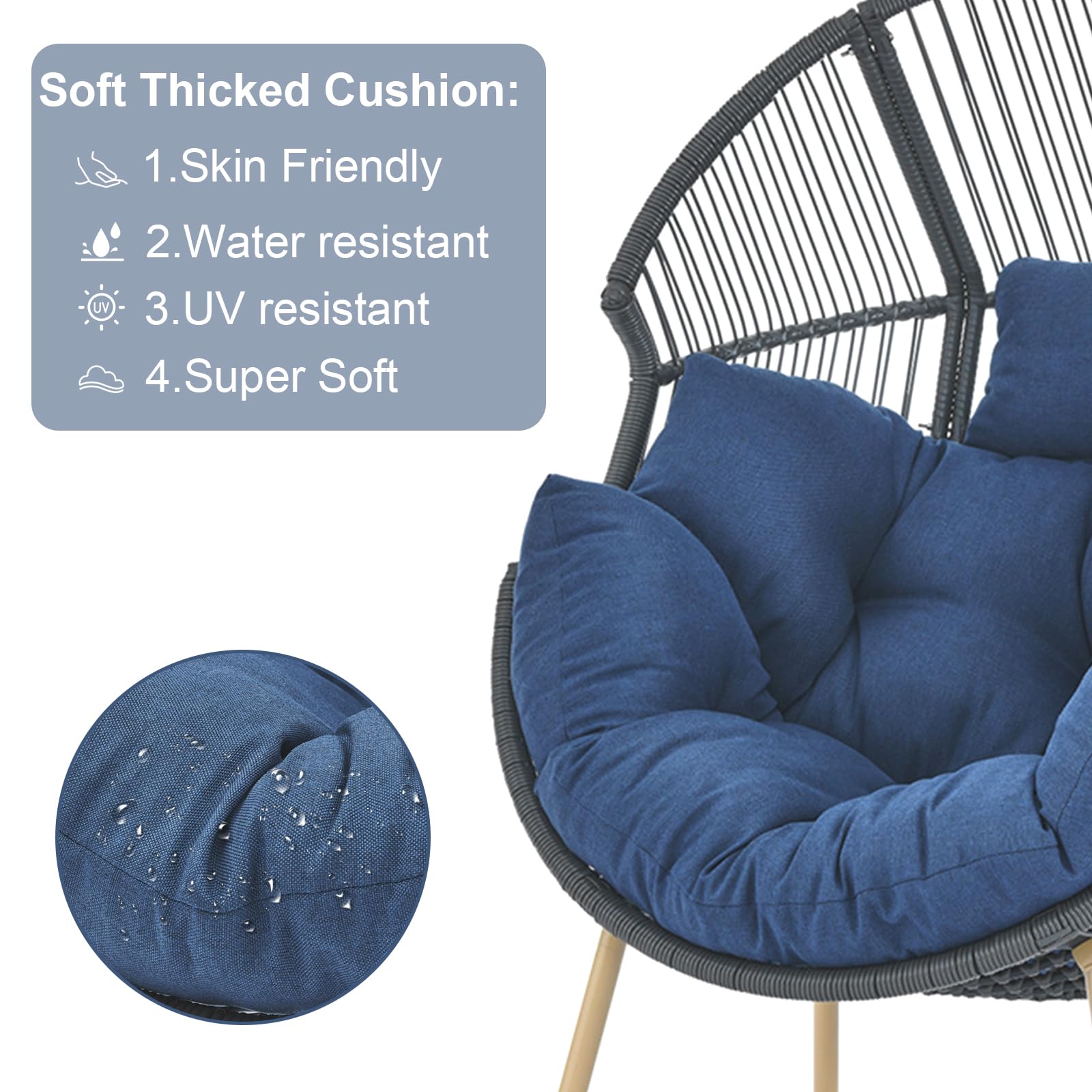 2-Person Outdoor Wicker Egg Chair with Cushions & Pillow - Rattan Tear Drop Basket Patio Lounge Chair for Porch, Deck, Backyard, Garden (Grey/Blue) - Perfect for Relaxing, Sunbathing, and Outdoor Conversations