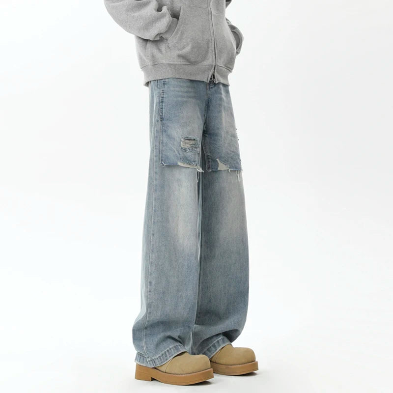Trendy Men's Ripped Denim Jeans Two-Piece Set - Loose Fit Casual Pants for Spring & Fall - Fashionable Male Clothing (Style 9C9263) | Perfect for Streetwear, Outings & Everyday Comfort