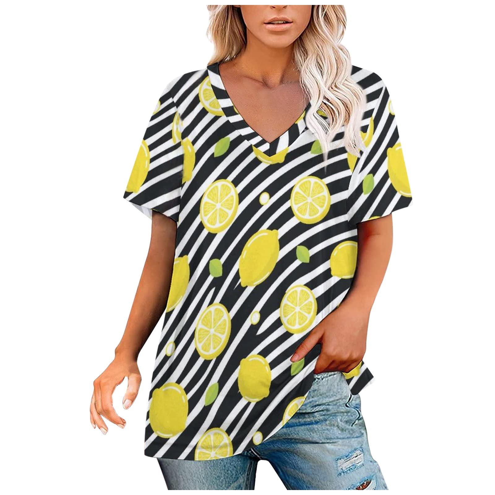 Trendy Women's Lace V-Neck Printed T-Shirt - Summer Casual Loose Fit Short Sleeve Blouse for Beach, Party & Everyday Wear
