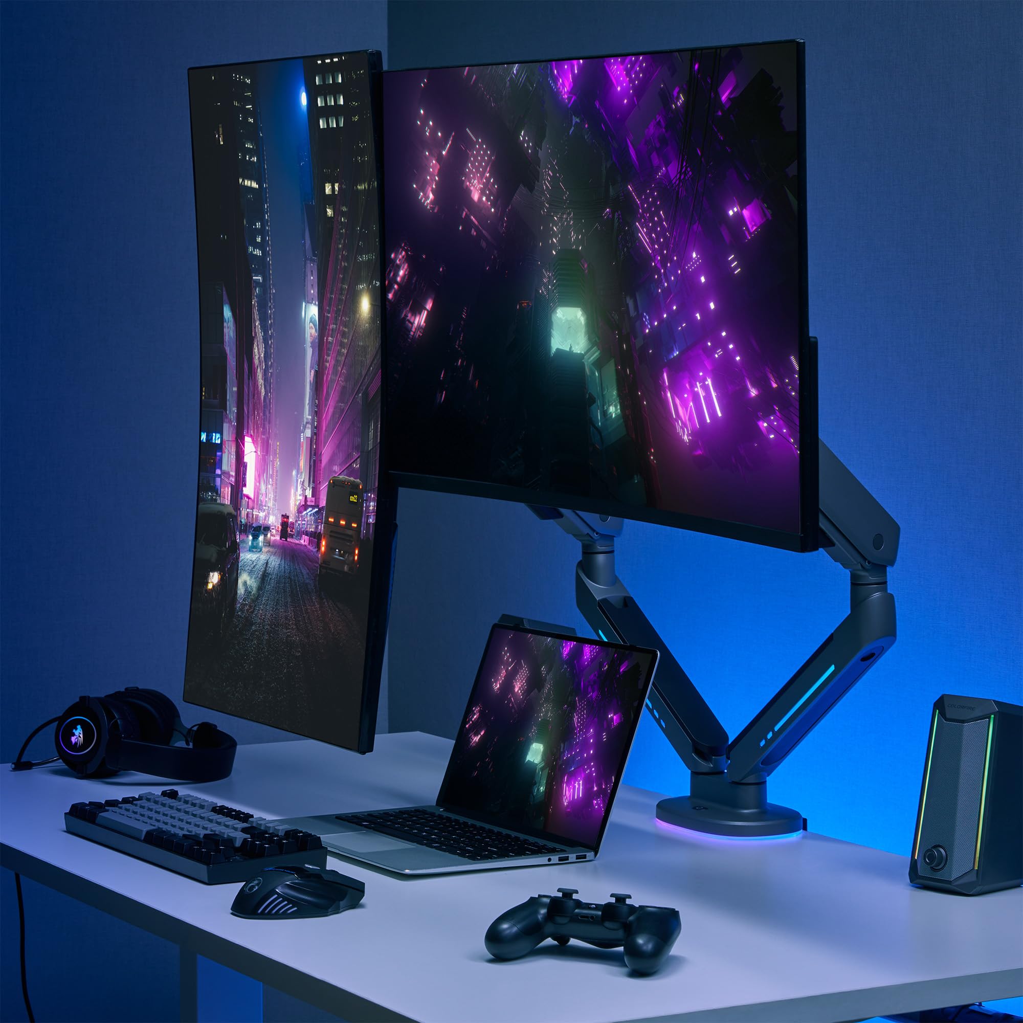 AVLT Dual 27”-43” RGB Gaming Monitor Arm Desk Mount with 20 Lighting Modes & Touch Control - Adjustable Height, Swivel, Tilt for Flat/Curved/Ultrawide Screens - Perfect for Gaming Setup, Home Office & Workstation (Dark Gray)