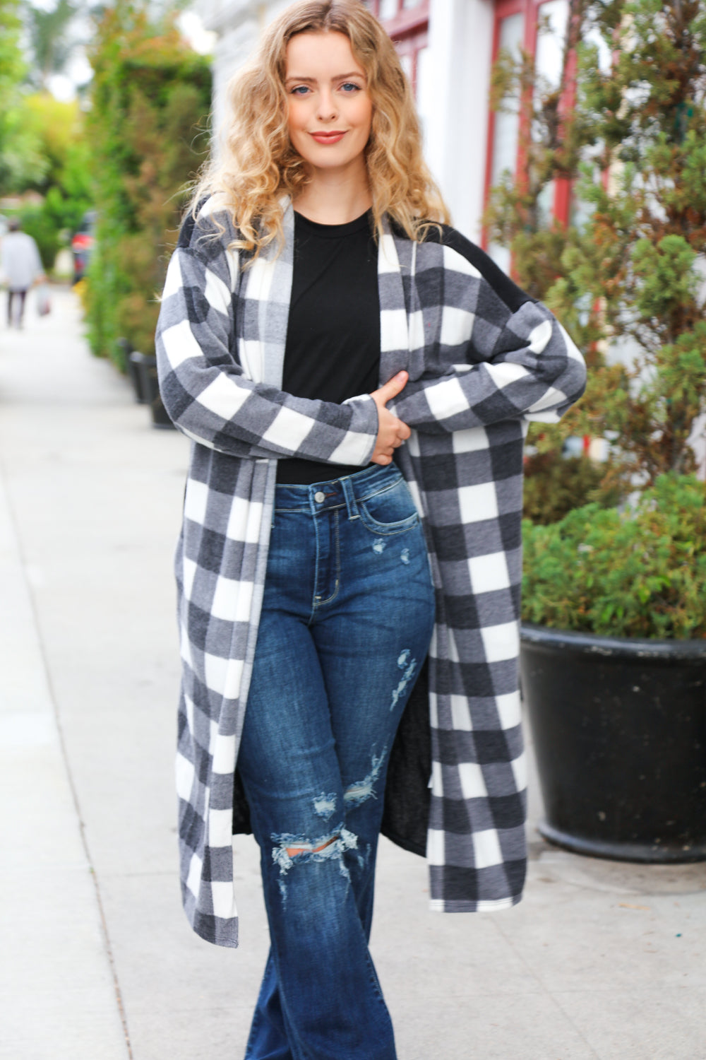 Black Buffalo Plaid Hacci Cardigan for Women - Soft & Cozy Oversized Sweater | Perfect for Fall & Winter Outfits, Casual Wear, and Layering